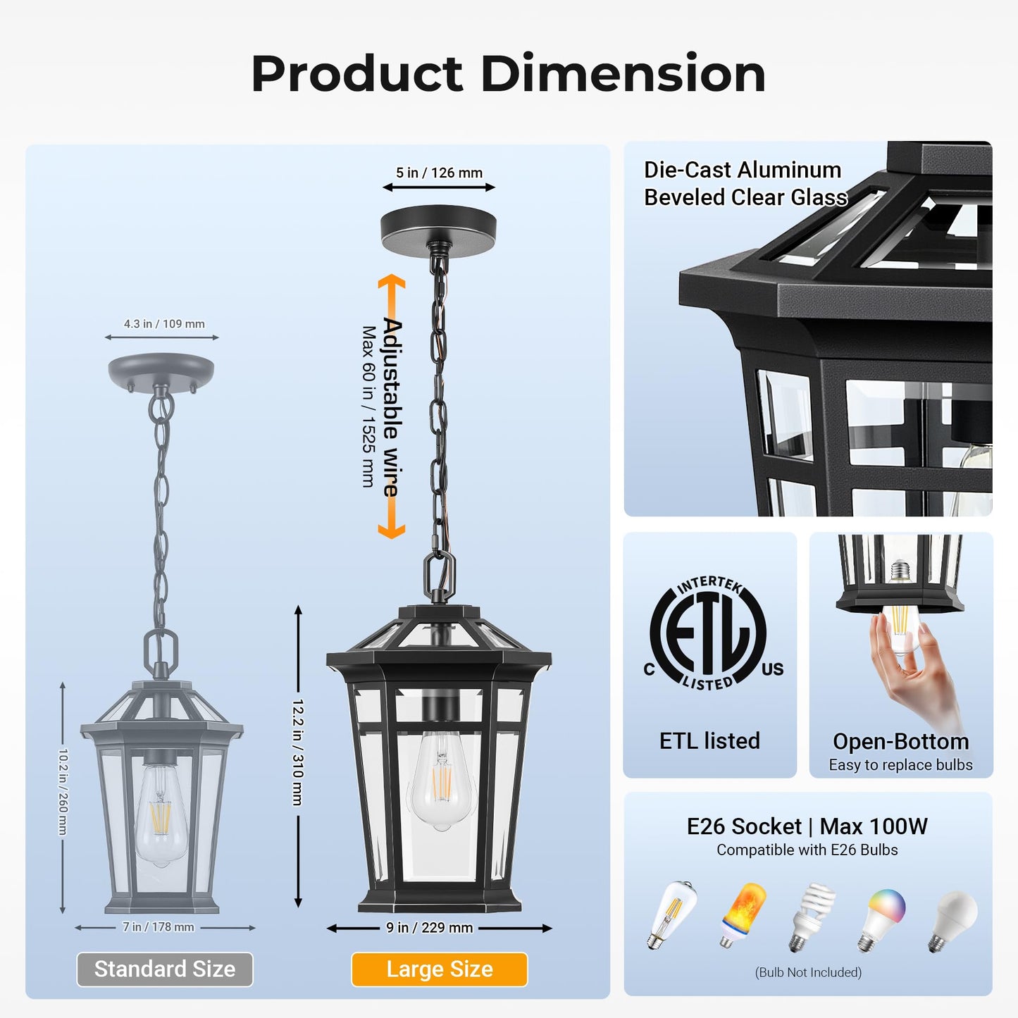 Vianis Large Outdoor Pendant Lights For Porch  Black Hanging Light Fixture  100% Aluminum Waterproof Anti-Rust Ceiling Lighting For House  Outside Hanging Lantern For Porch  Garden  Garage  1-Light