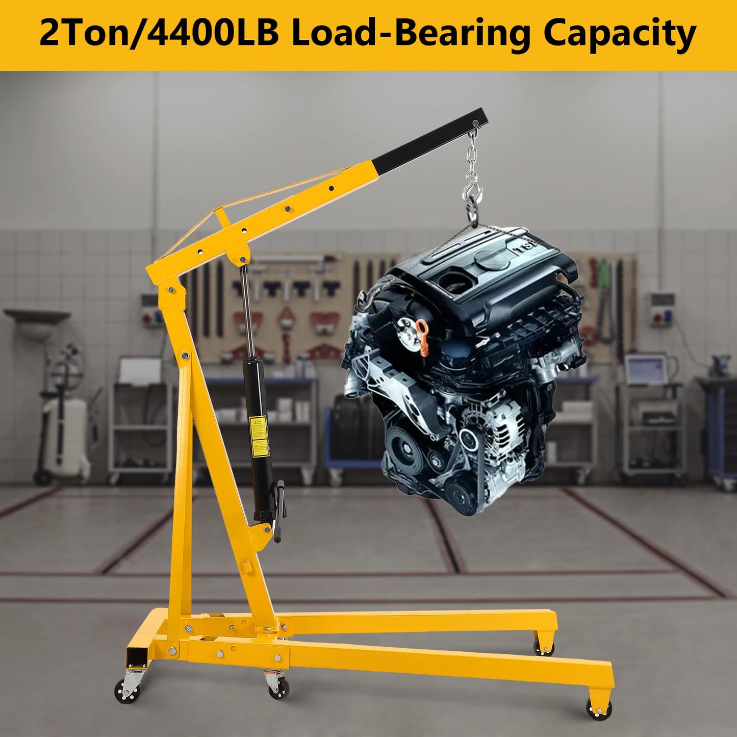 ExploreHorizon 2 Ton Hydraulic Engine Hoist, Heavy Duty Shop Crane with 6 Swivel Casters & Adjustable Cherry Picker Boom, Hydraulic Pump Hoist for Garage Workshop Truck SUV Engines, Yellow