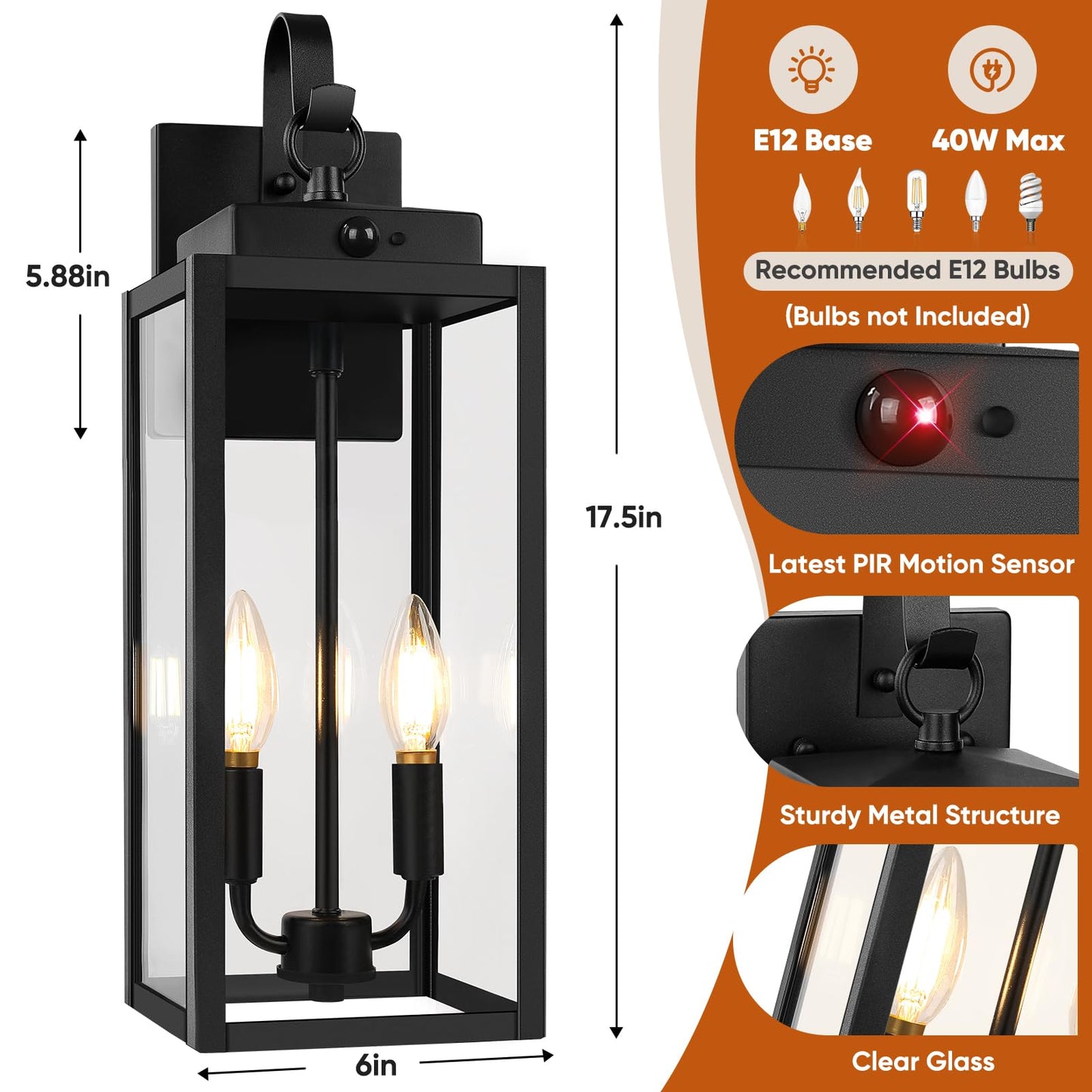 Beslowe 17.5  Upgraded Motion Sensor Outdoor Wall Lights  Dusk To Dawn Porch Lights Outdoor Wall Sconces  3 Lighting Modes Exterior Lighting Fixtures With Hooks  Black Outside Lights For House  2-Pack