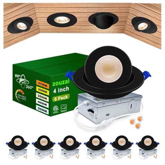 Zouzai 4 Inch 5Cct Gimbal Black Led Recessed Lights  360+90 Adjustable  Dimmable (2700K-5000K)  Retrofit Eyeball Lights With Jbox  Etl Listed  Ideal For Home  Commercial & Display  6 Pack