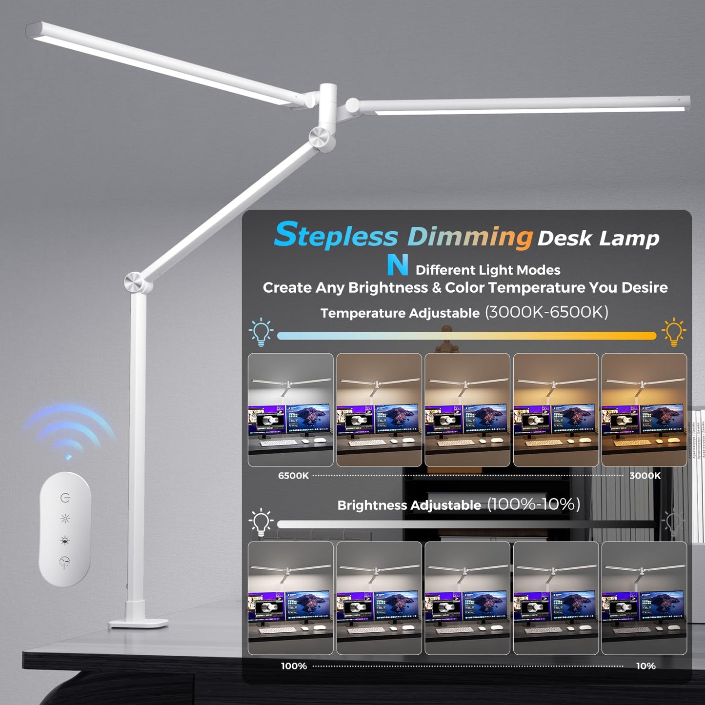 Airlonv Led Desk Lamp  Double Swing Arm Wide Lighting Area Desk Lamps For Home Office With Stepless Dimming  Eye-Caring Architect Desk Light With Clamp For Reading  Study  Workbench  Drafting(White)