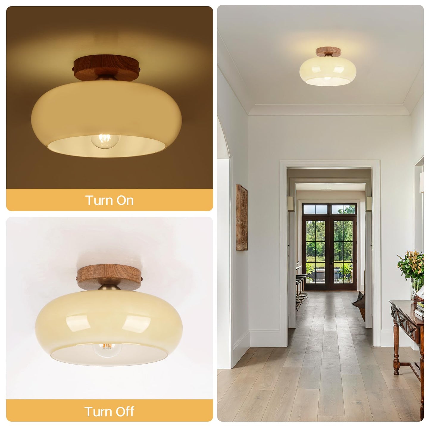 Clarsyne Mid Century Modern Schoolhouse Semi Flush Mount Ceiling Light  Cream Glass Lamp With Wood Grain Metal Base  Rustic Farmhouse Lighting Fixture For Bedroom  Hallway  Dining  Living  Entryway