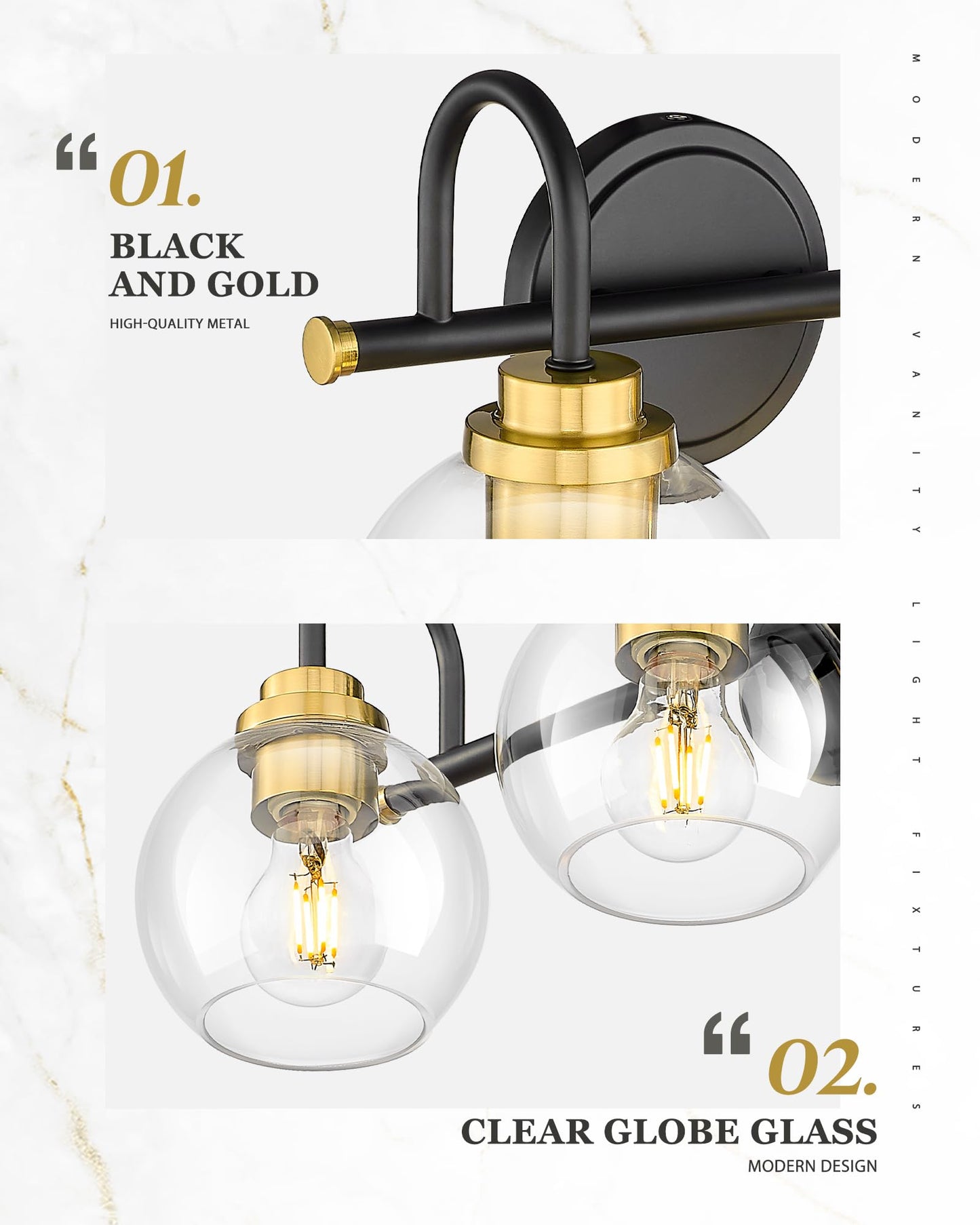 Audickic Bathroom Light Fixtures  2-Light Black And Gold Vanity Lights With Globe Clear Glass  Modern Vanity Lighting Fixtures Over Mirror  Ad-22280-2W-Kg