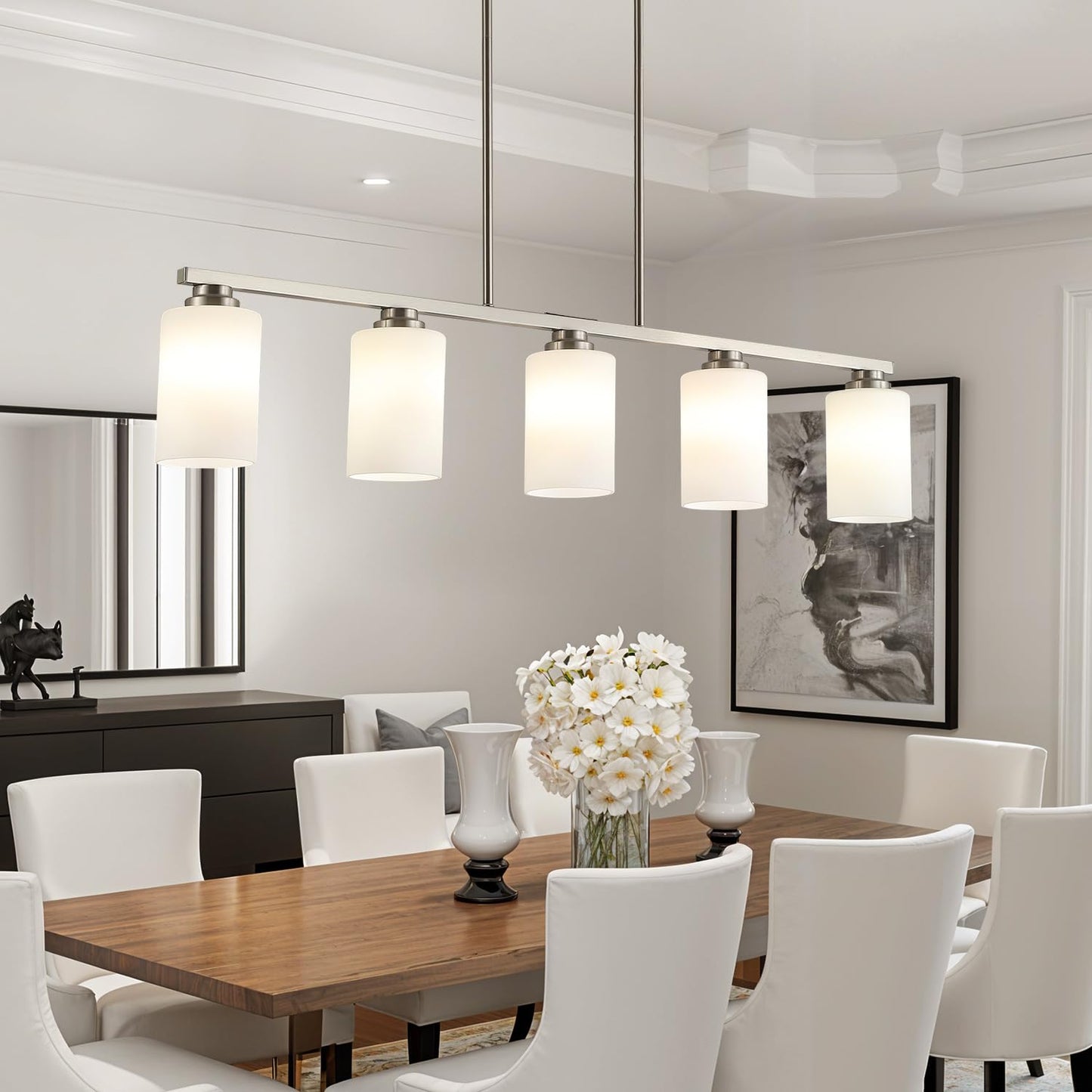 Mecgirn Island Light For Kitchen  Brushed Nickel Dining Room Light Fixture Over Table With Milk Glass Shade  5-Light Linear Chandelier Pendant Lighting For Dining Table Kitchen Island Living Room