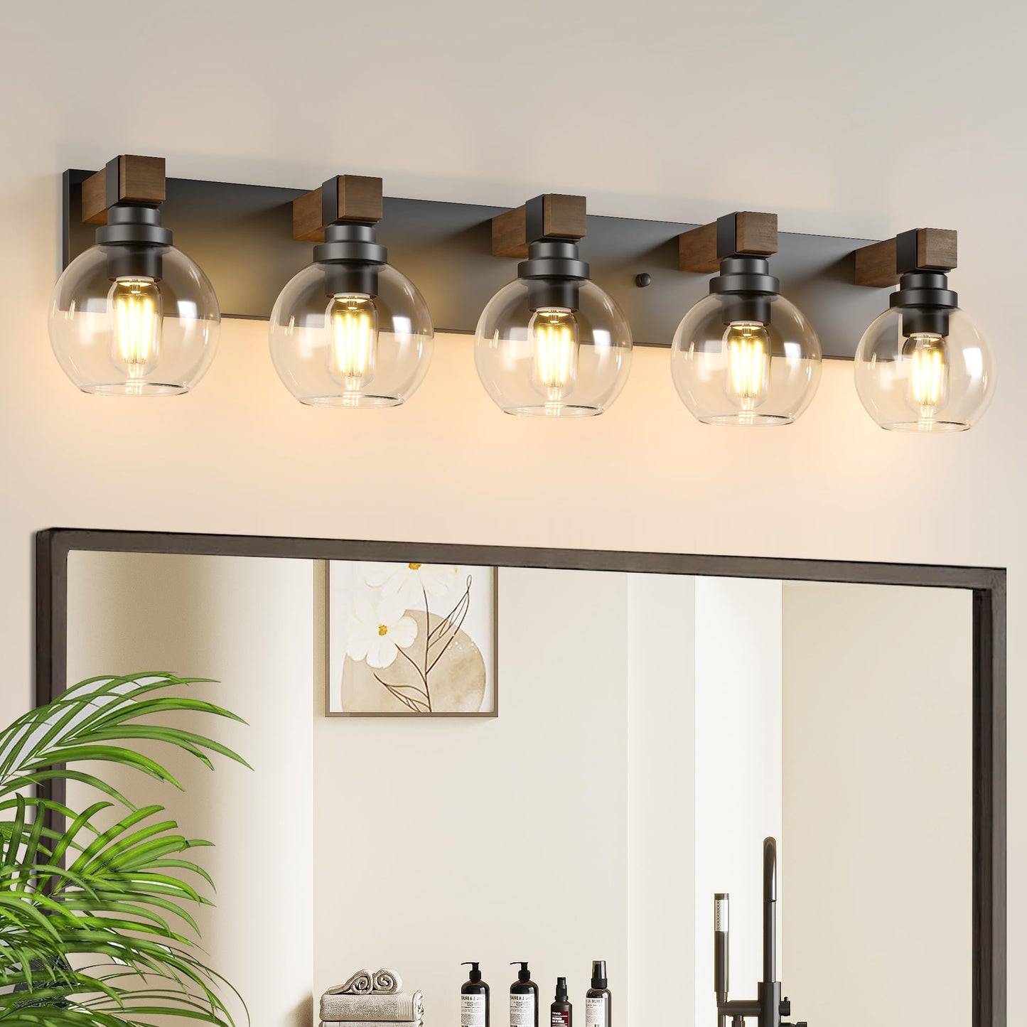 Farmhouse Bathroom Vanity Light Fixtures  5-Light Wood Bathroom Light Fixtures Over Mirror  Rustic Sconces Wall Lighting With Glass Shade For Living Room  Bedroom  Hallway