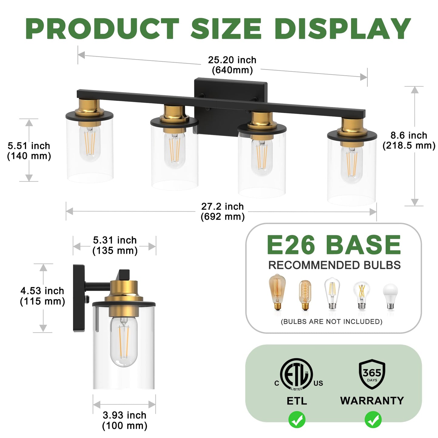 Doresshop Bathroom Light Fixtures  4-Light Black And Gold Bathroom Vanity Light Over Mirror With Clear Glass Shade  Vanity Lights For Hallway Living Room Bedroom