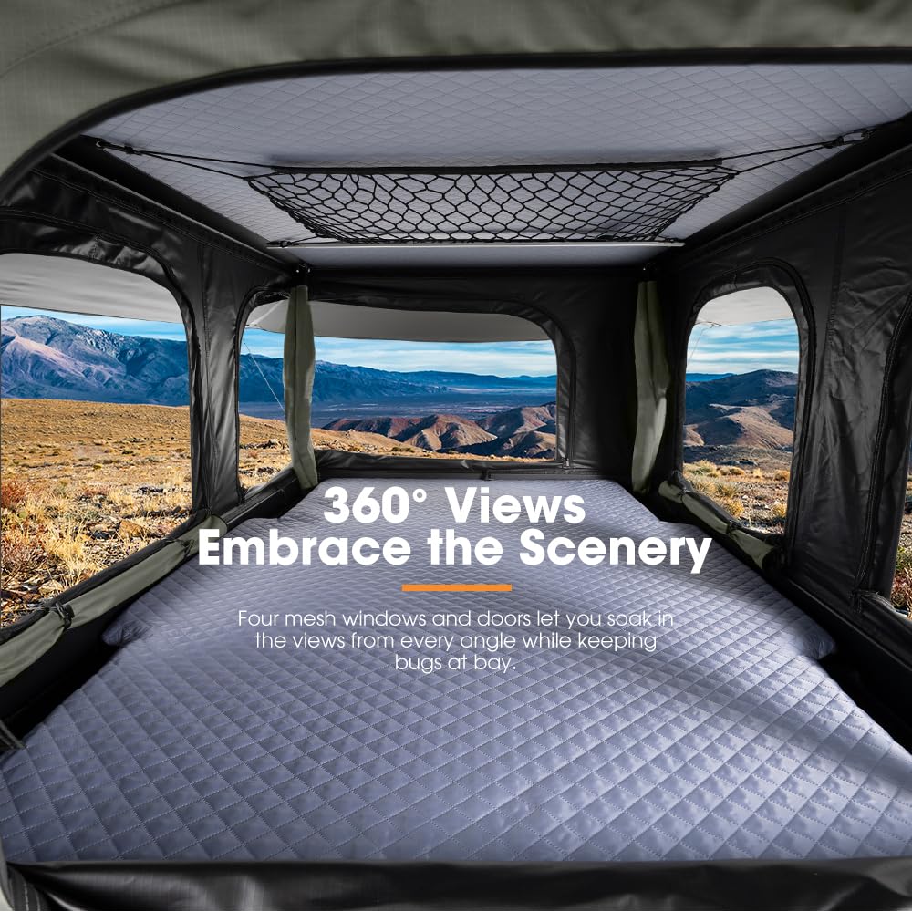 SanHima Rooftop Tent Hard Shell - Gibb Overland Aluminium Roof Top Tent 360° View, w/Tri-Color LED Strip Light & 1.97” Thick Mattress, for Car SUV Truck Camping, 2-3 People
