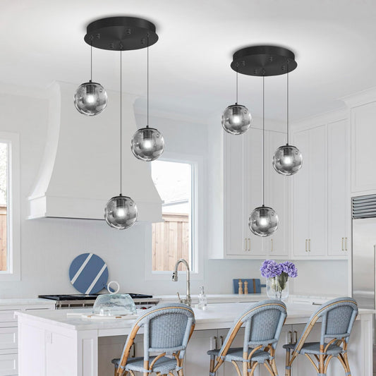 Ykolupty 3-Light Black Pendant Light Fixtures Modern Smoke Gray Glass Globe Pendant Lights Kitchen Island Adjustable Hanging Lights Globe Stairwell Lighting Black Chandelier For Dining Room