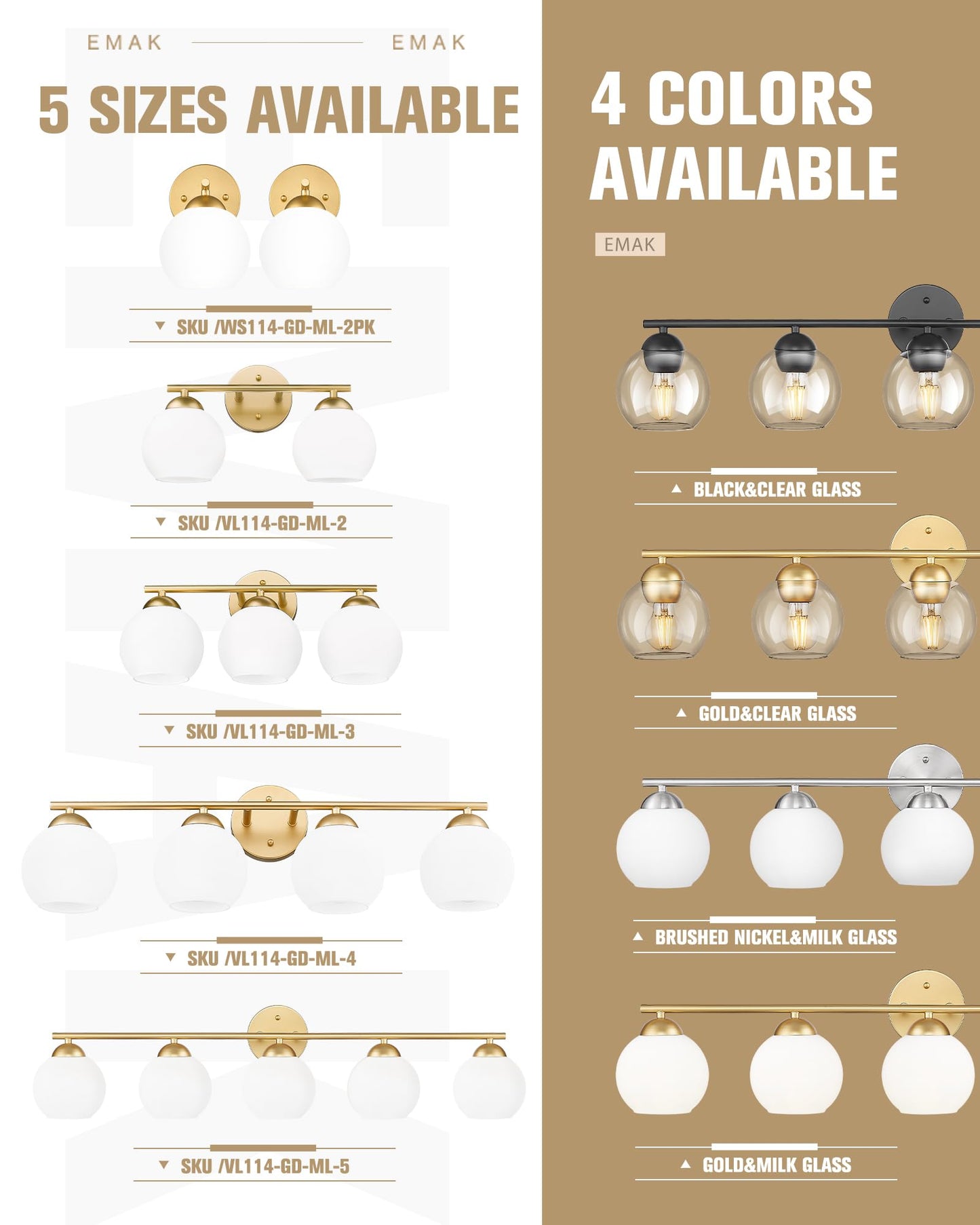 Emak 37 Inch Globe Bathroom Lighting Fixtures Over Mirror  Gold Vanity Lights With Milk Glass Shade  Modern 5-Light Bathroom Vanity Light For Mirror  Vl114-Gd-Ml-5