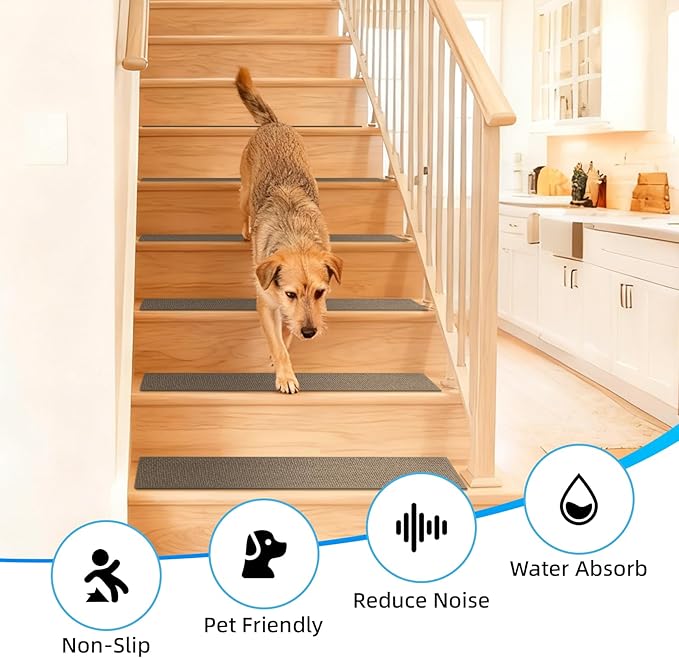 Art3d Stair Treads for Wooden Steps 15Pcs, 8" X 30" Non Slip Stair Runner Rugs with Reusable Adhesive for Elders Kids and Dogs, Machine Washable Peel and Stick Stair Treads Carpet, Beige