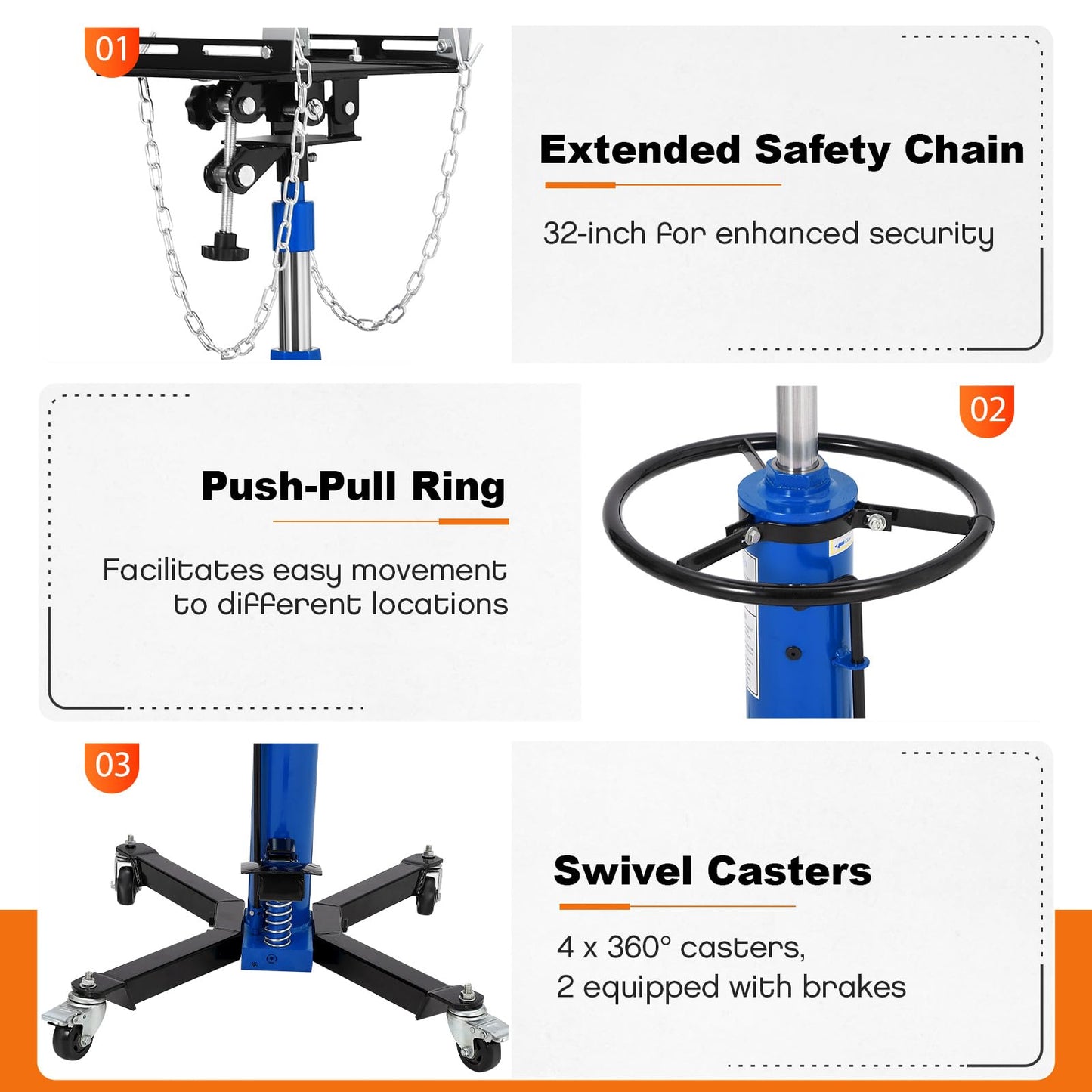 COZONY Transmission Jack, 1100lbs (1/2 Ton), 2-Stage Hydraulic Telescopic Design, Lifts 34"-68", with Foot Pedal & 360° Swivel Wheels, Ideal for Garage and Car Lifting, Blue