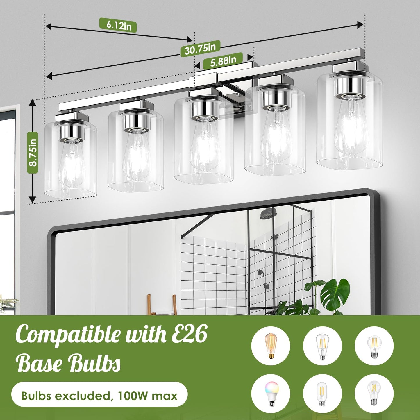 Beslowe 5-Light Bathroom Light Fixtures  Modern Chrome Bathroom Vanity Light  Bathroom Lighting Fixtures Over Mirror  Nickel Bathrom Wall Lamp  Wall Lights For Living Room Bedroom Hallway