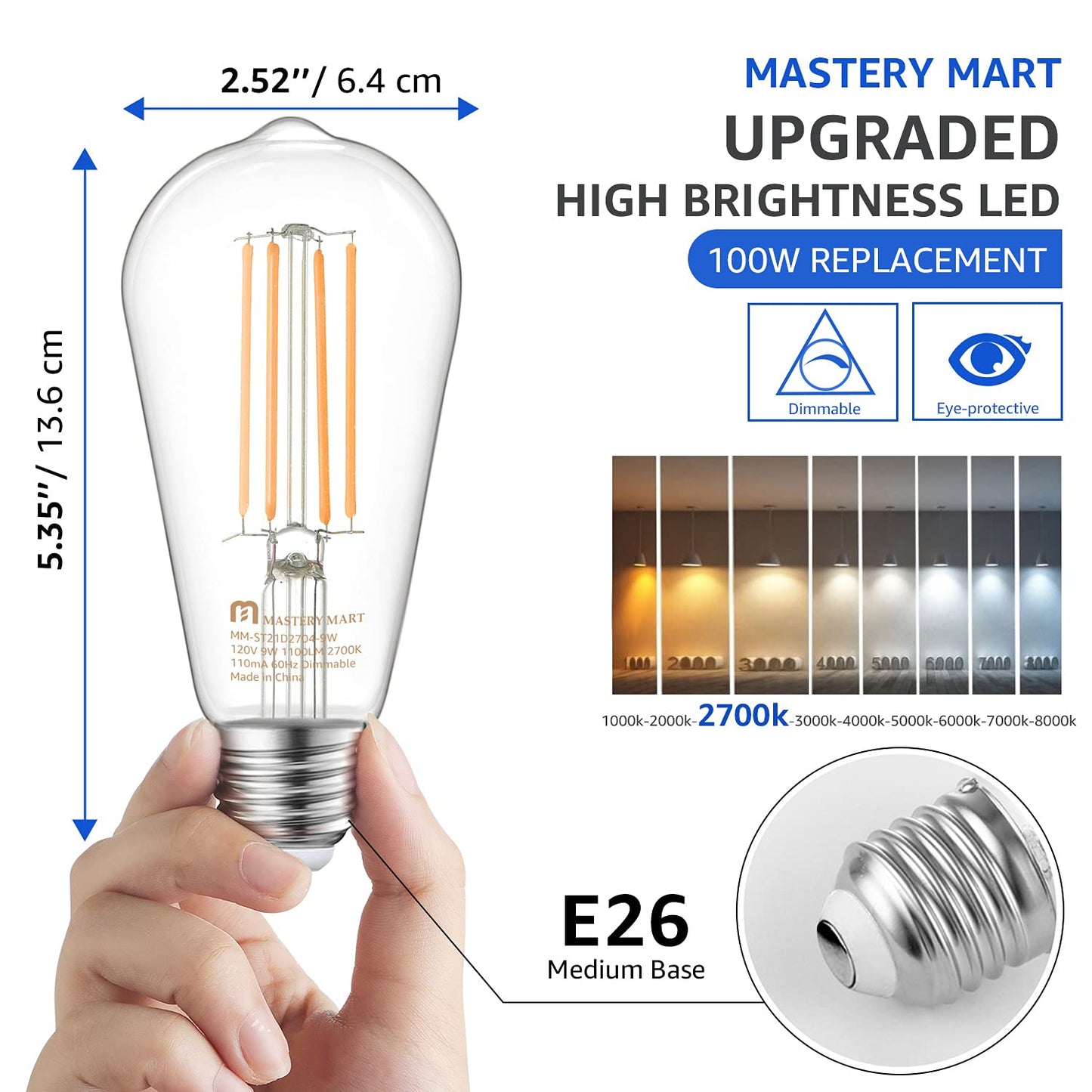 MASTERY MART ST21 Dimmable LED Vintage Edison Light Bulb 100W Equivalent 10 Pack 2700K Soft White Clear Glass E26 Base 1100LM