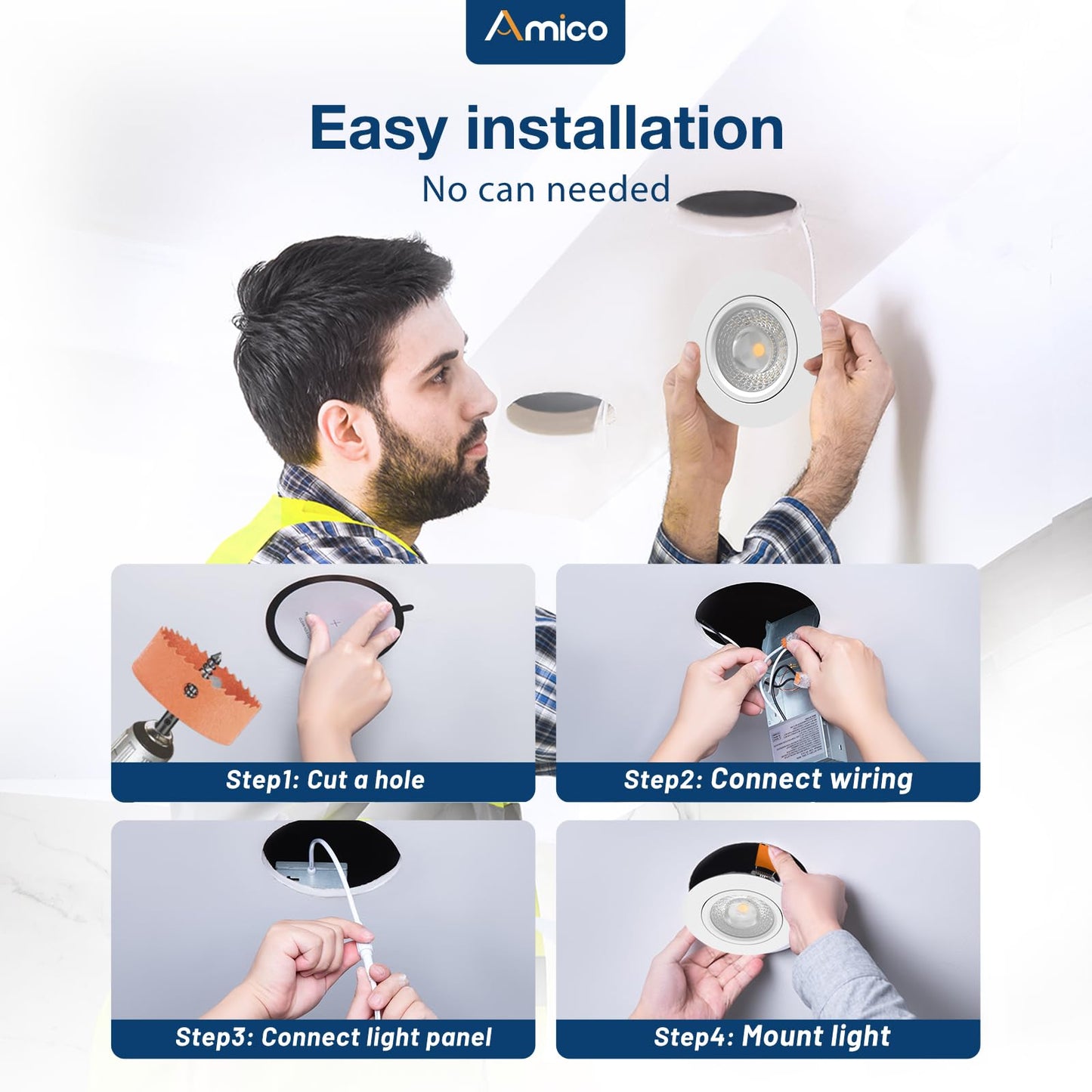 Amico 4 Pack 4 Inch 5Cct Gimbal Led Recessed Lighting  360&90 Adjustable Eyeball Directional Downlight  Dimmable  2700K/3000K/3500K/4000K/5000K Selectable  Cri90+ 9W 700Lm  Etl&Fcc