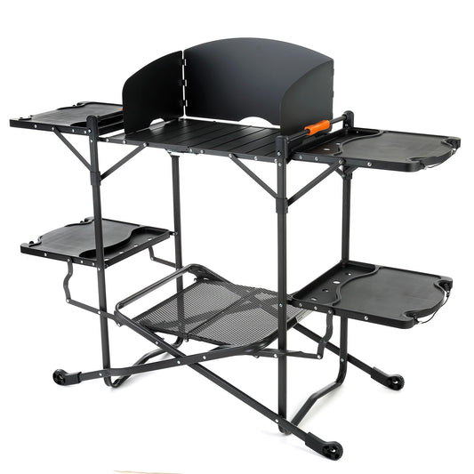 ARROWHEAD OUTDOOR 54" Wide Quick Folding Kitchen Station with Add-on Windscreen, 4 Side Tables, Aluminum Tabletop, Tool-Hanging Cord, 154 LBS Max Weight Load, for Patio BBQ and Camping