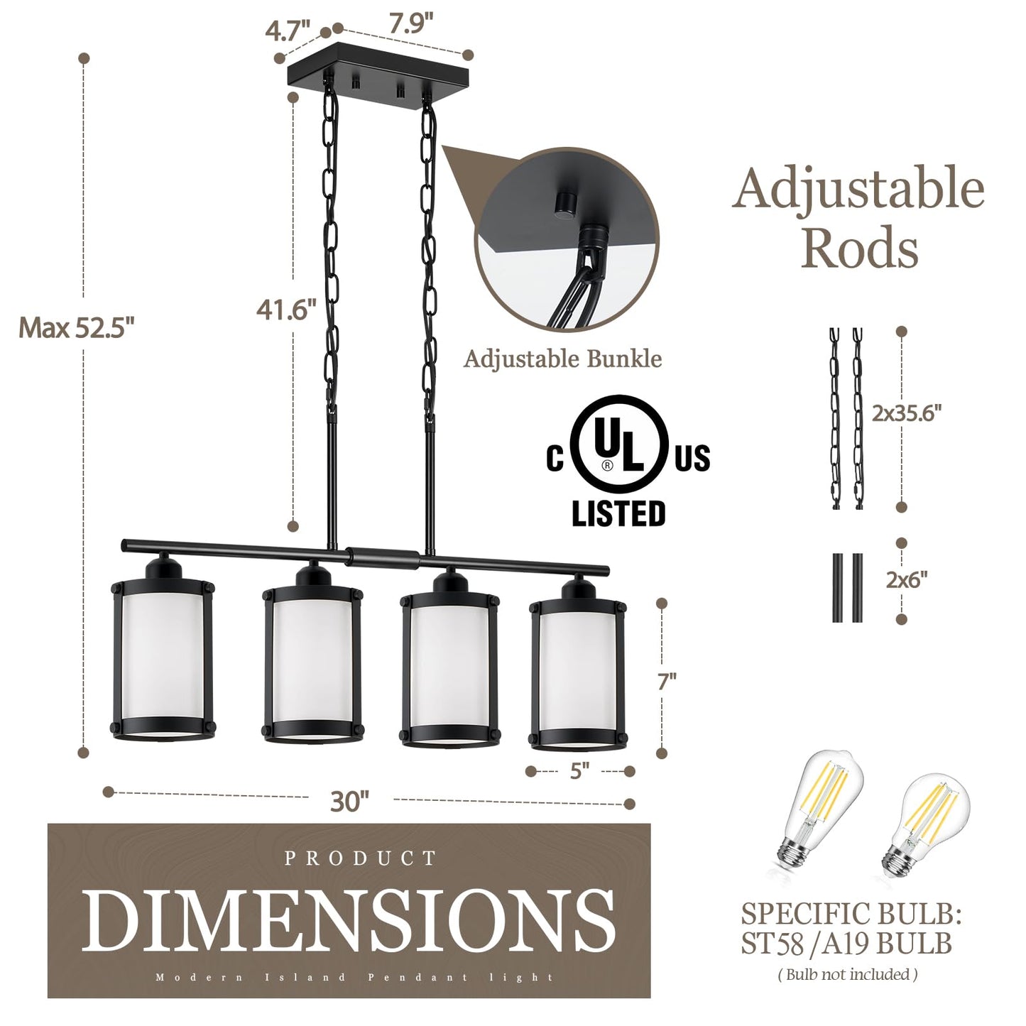 Osimir 4-Light Kitchen Island Lighting  Black Linear Dining Room Light Fixtures With Frosted Glass And Chain  Modern Farmhouse Chandelier Pendant Light For Kitchen Island Dining Room  Os-3014-4Isbkw