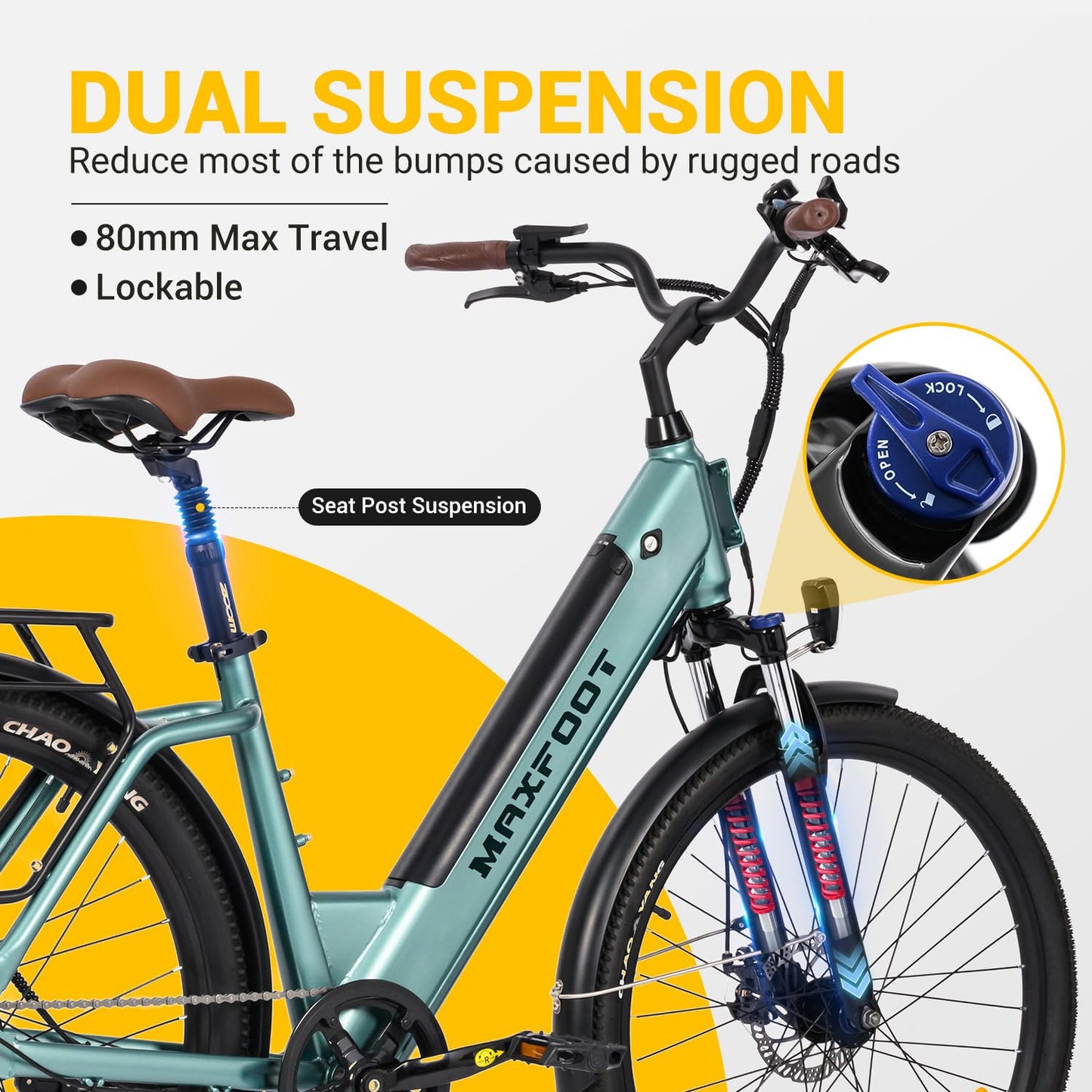 MAXFOOT MF25 Electric Bikes for Adults, 1000W Peak Motor, Up to 70 Miles, 48V 10.4Ah Built-in Battery, 25 MPH Electric Cruiser Bicycle, 26" 7-Speed Ebikes with Suspension Blue
