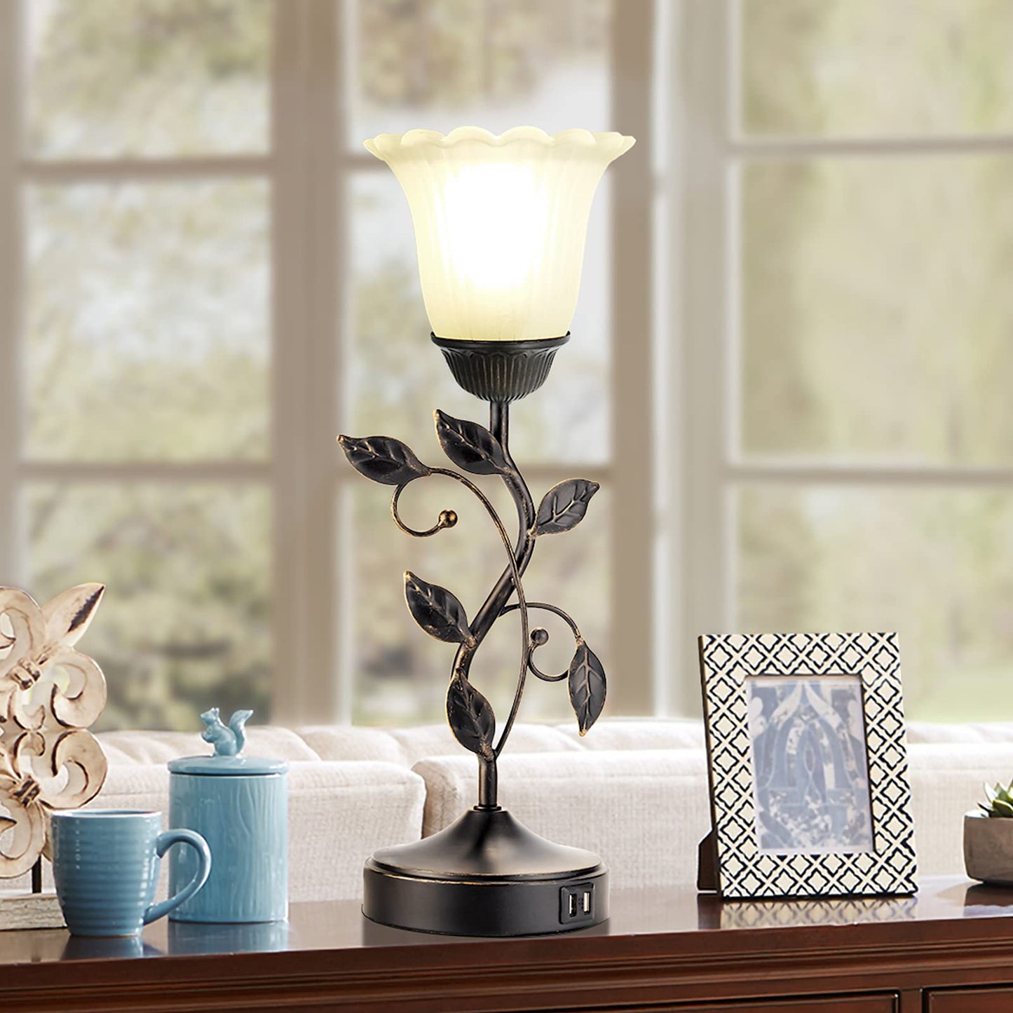 RORIANO Touch Control Bedside Lamp, 3-Way Dimmable, Metal Leaf Design, Black & White Glass Shade, LED Bulb Included, Model LM-L08841-TT