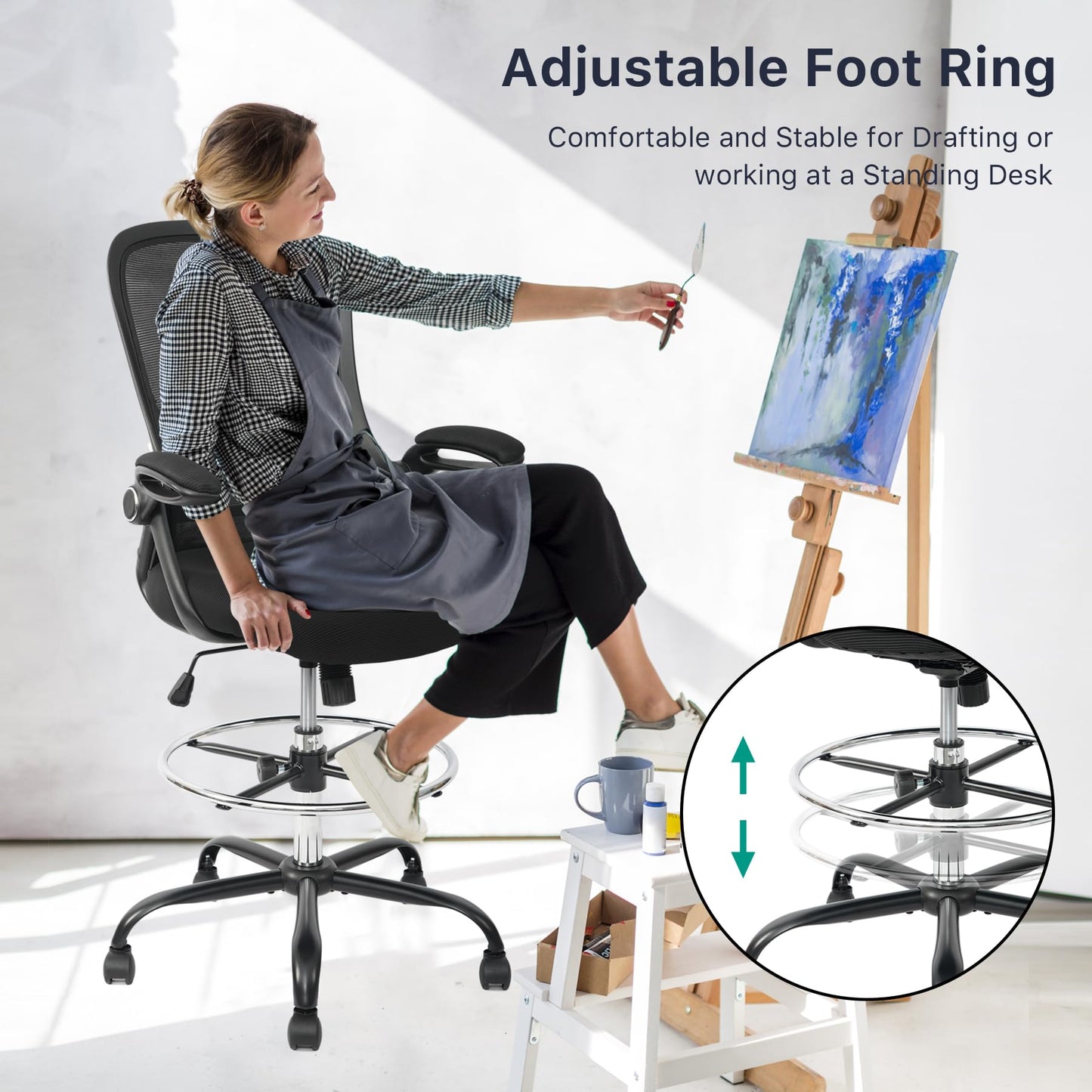 HYLONE Drafting Chair Tall Office Chair High-Back Mesh Standing Desk Stool with Adjustable Footrest Ring and Flip-Up Arms (Black)