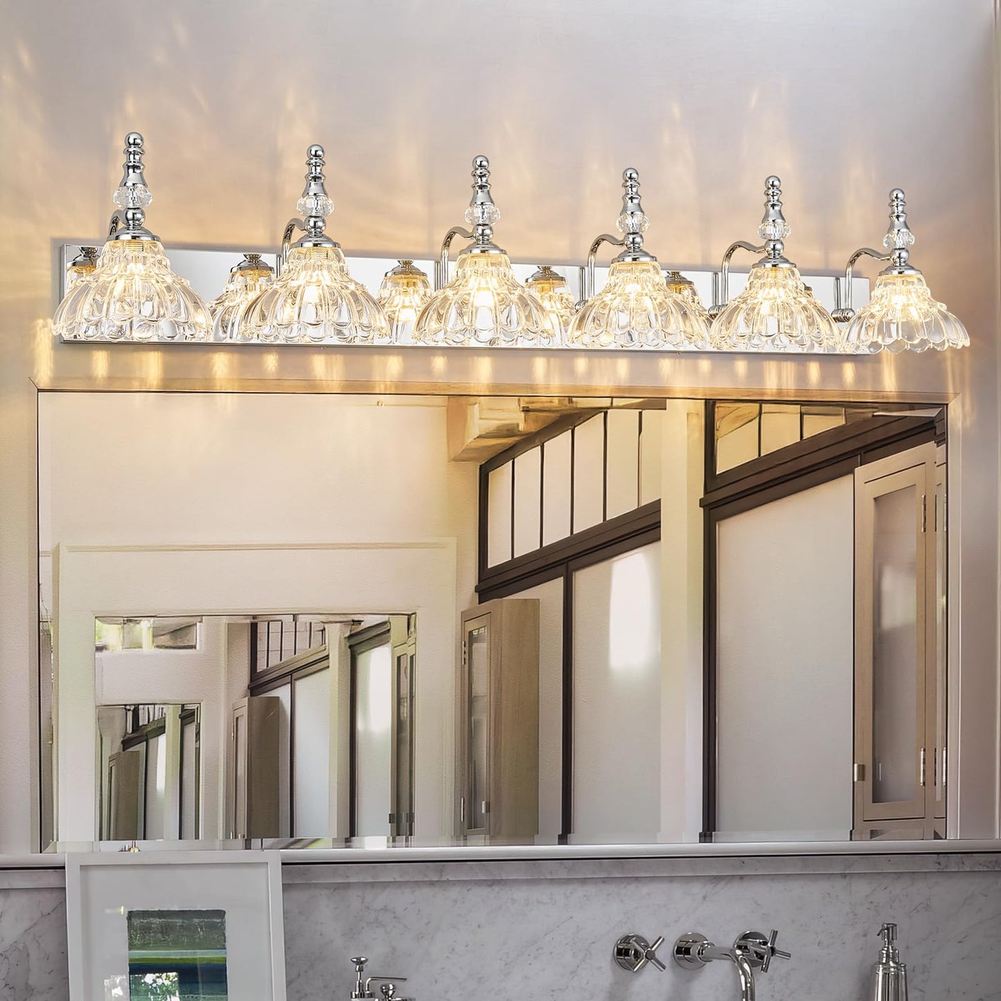 Lbsqj Vintage Bathroom Vanity Light  6-Light Chrome Vanity Lighting Fixture With Flower Glass Shade  Bathroom Lighting Fixtures Over Mirror