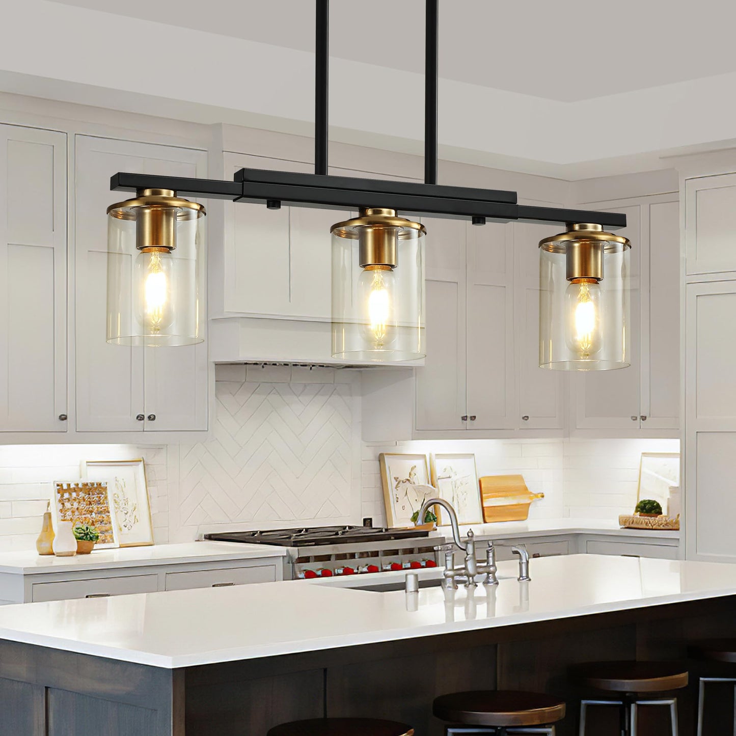 Xvmbvm 3-Light Kitchen Island Lighting Dining Room Lights Modern Farmhouse Chandelier With Clear Glass Shade Modern Rustic Black And Gold Metal Chandelier  Kitchen Pendant Light Fixtures Over Table