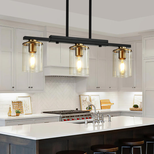 Xvmbvm 3-Light Kitchen Island Lighting Dining Room Lights Modern Farmhouse Chandelier With Clear Glass Shade Modern Rustic Black And Gold Metal Chandelier  Kitchen Pendant Light Fixtures Over Table