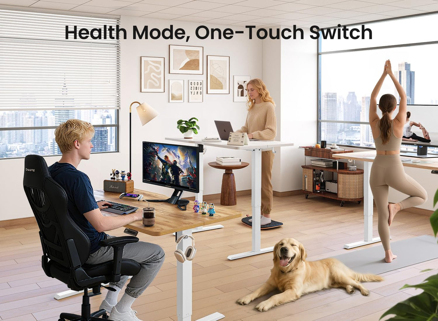 BANTI 55 × 28 Inches Standing Desk, Ergonomic, Electric Height Adjustable, Sit and Stand Up, Computer Desk with a Deeper Desktop, White Frame/Maple Top