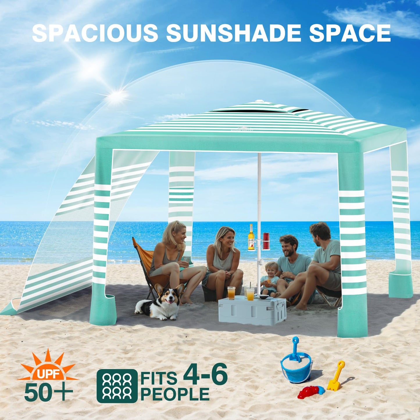 Rhino Valley Beach Cabana, 8 * 8FT Beach Tent UPF50+ Protection, Easy Setup Beach Canopy Wind Resistant with Cup Holder, Compact Beach Shade Foldable Beach Tent Sun Shelter, Green White