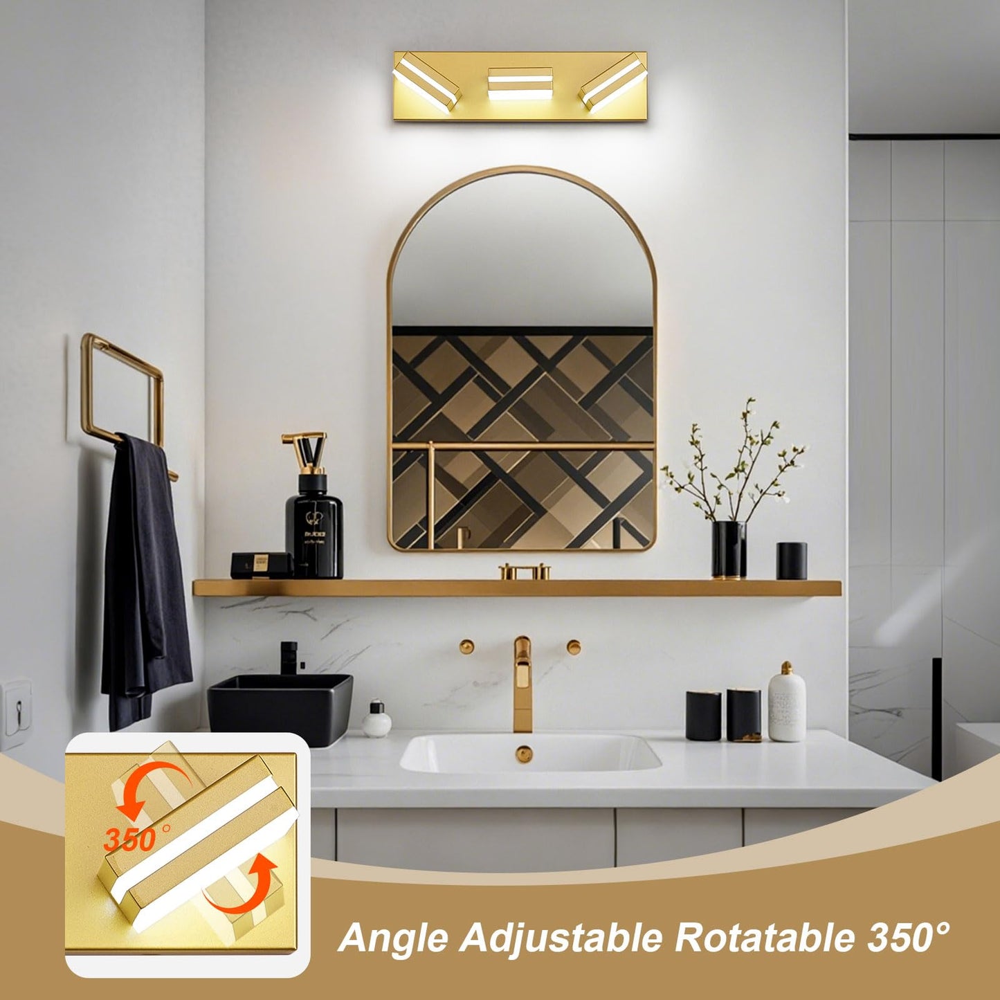 Jzekvn Modern Led Bathroom Lights Fixtures(3-Light) Metal Gold Acrylic Wall Lighting Vanity Lights For Bathroom Over Mirror 6000K 16In