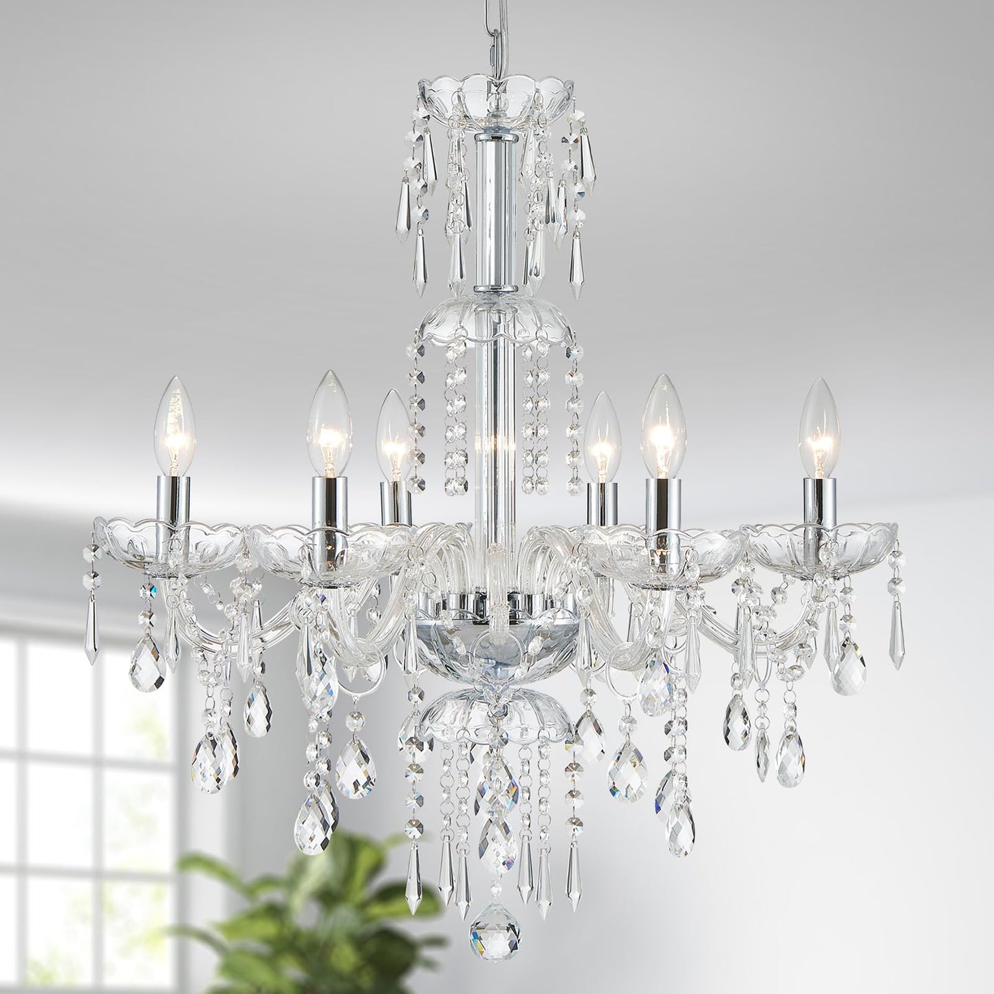 Wuzups 6-Light Crystal Candle Chandelier Pendant Ceiling Light Modern Lighting Fixture For Bedroom Hallway Bar Kitchen Bathroom  H 25.6 W 24.4  E12 Base  Chrome