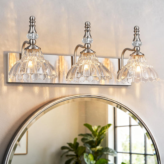 Lbsqj Vintage Bathroom Vanity Light  3-Light Brushed Nickel Vanity Lighting Fixture With Flower Glass Shade  Bathroom Lighting Fixtures Over Mirror