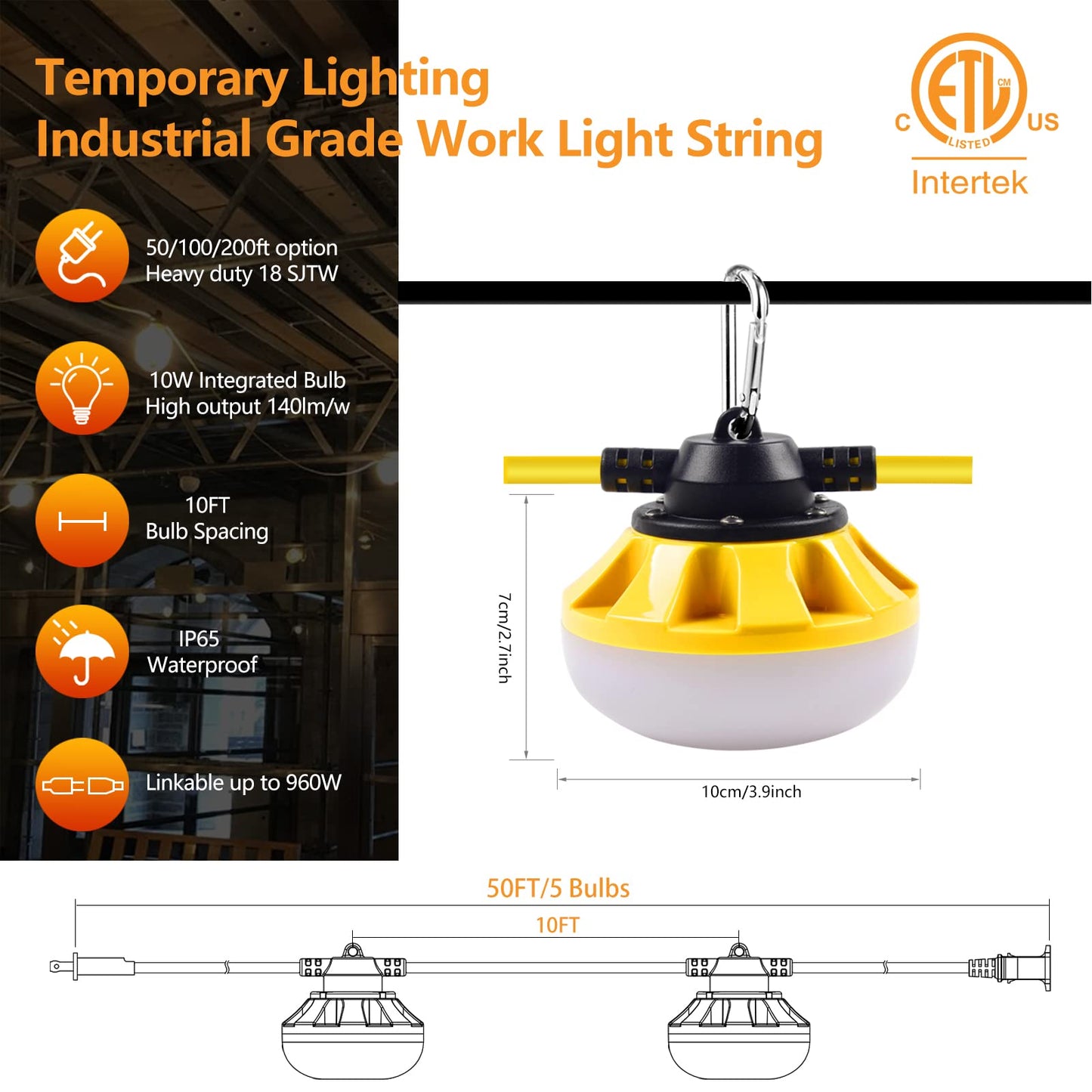 Muasdae 50FT LED Construction String Lights, Industrial Grade, Yellow, 2 Prong, Model zYd-g-011, Ideal for Outdoor Lighting Solutions