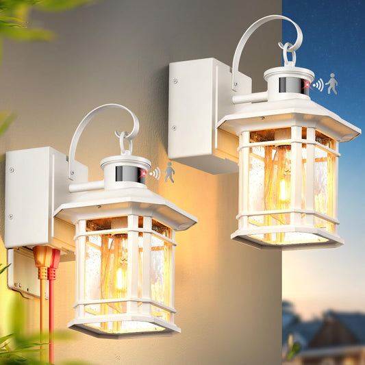 Opaxis 2 Pack White Porch Light With Gfci Outlet  3 Modes Motion Sensor Exterior Lighting Fixtures  Dusk To Dawn Outside Lights For House  Porch  Garage  Waterproof  Anti-Rust