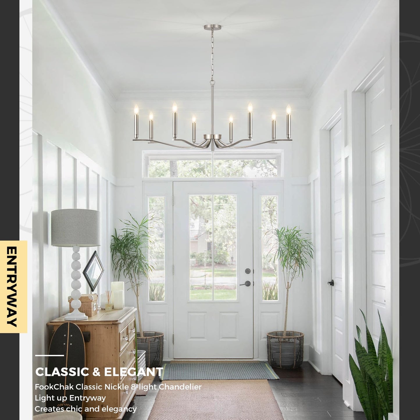 Fookchak Nickel Chandeliers For Dining Room  8-Light Chandelier Light Fixture Over Table Modern Candle Chandelier 44In Master Bedroom Chandeliers Lighting For Entry Foyer Bathtub Living Room