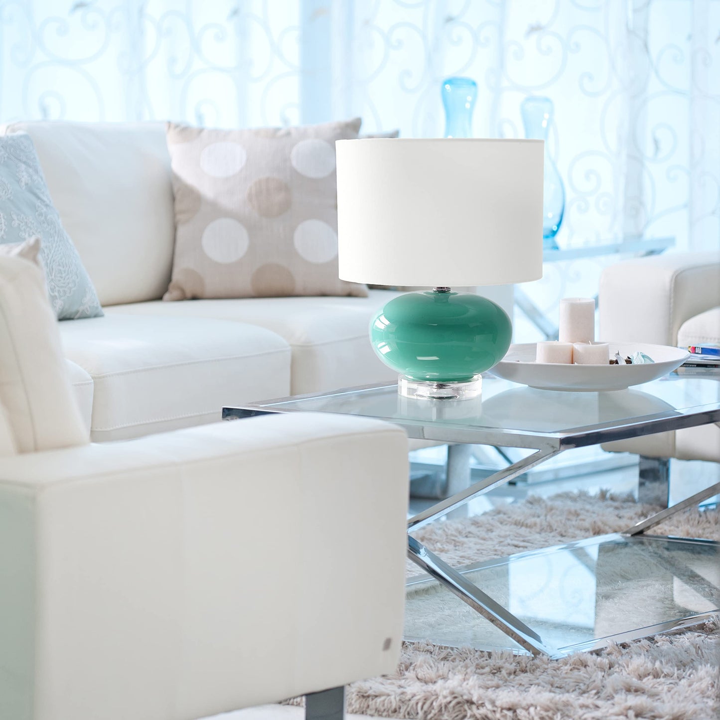 Elegant Designs LT1127-AQU Ceramic Table Lamp, 15.25in Modern Design, Aqua Color, White Fabric Shade
