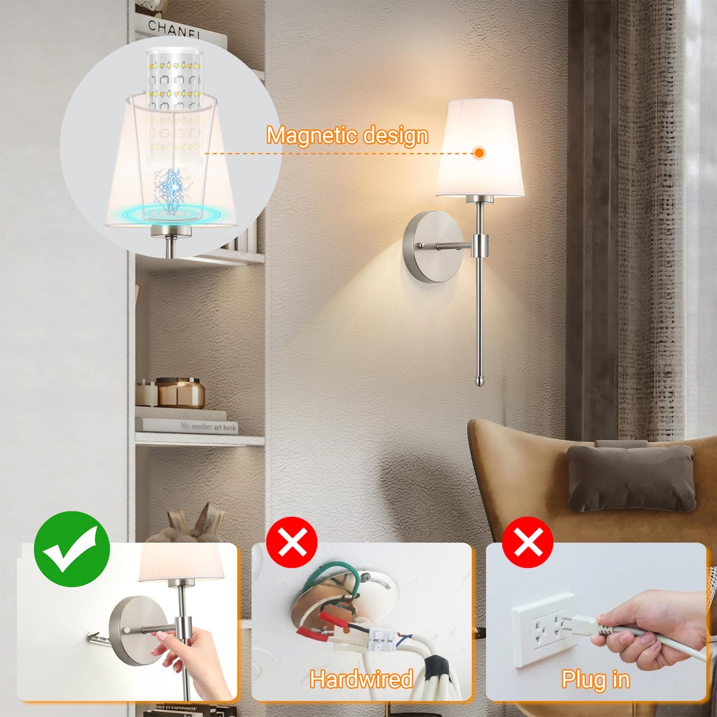 Battery Operated Wall Sconces Set Of 2  Wireless Battery Wall Light With 10000Mah Rgb Rechargeable Magnetic Bulb  Rechargeable Wall Sconce With Remote Control For Bedroom  No Electrician Required