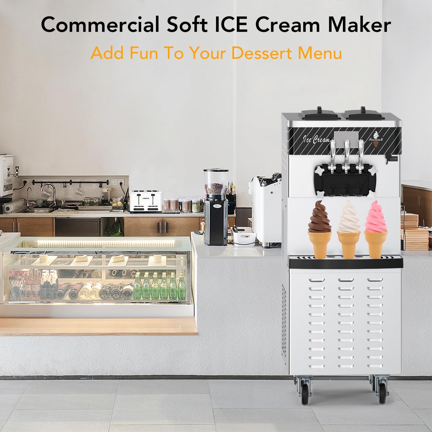 Commercial Ice Cream Machine 5.8 to 8 Gal/H Yield, 3 Flavor Ice Cream Maker with 7L Double Hoppers, LED Touch Panel, Auto Cleaning, Stainless Steel, Soft Ice Cream Machine for Gelato for Restaurants