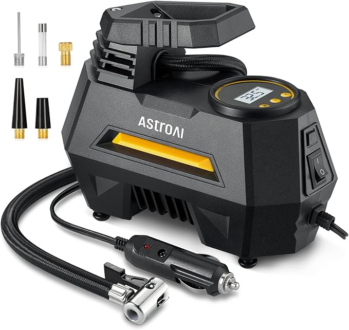 AstroAI Tire Inflator Portable Air Compressor Tire Air Pump for Car Tires - Car Accessories, 9.8Ft Cord 12V DC-Powered Auto Pump with Digital Pressure Gauge, LED Light for Bicycle, Balloons, Yellow