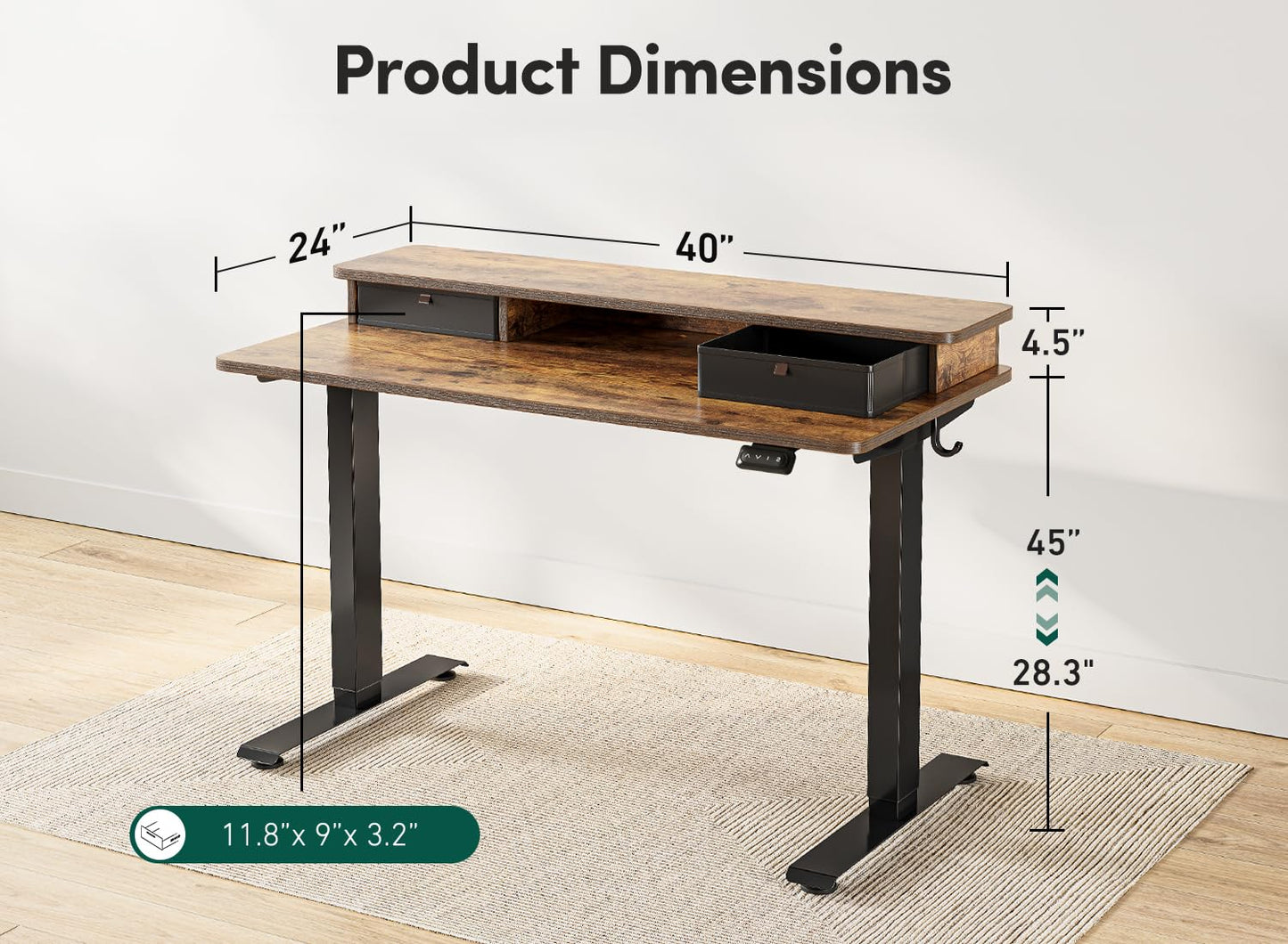 FEZIBO 40 x 24 Inch Height Adjustable Electric Standing Desk with Double Drawer, Stand Up Desk with Storage Shelf, Sit Stand Desk, Rustic Brown