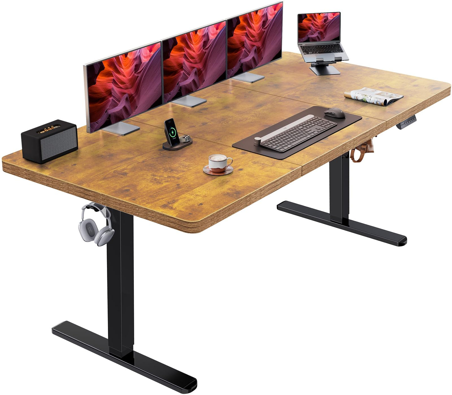 HUANUO 71 x 35 inch Electric Standing Desk, Powerful Brushless Motor Large Height Adjustable Table, 4 Memory Preset Sit Stand Up Desk, Home Office Computer Table with Thick T-Shaped Frame, Vintage