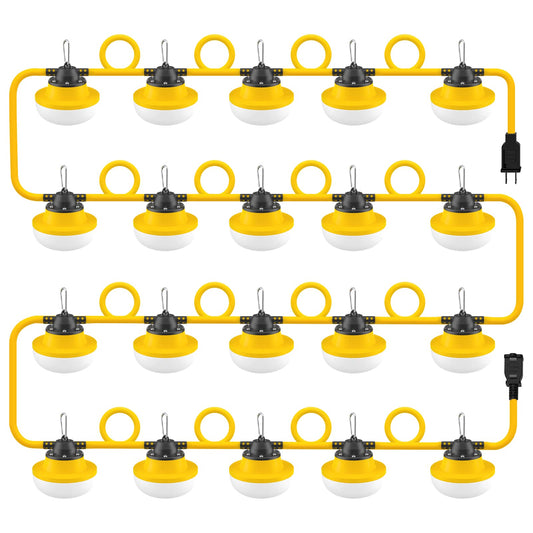 Muasdae 200FT Construction String Lights LED, Yellow, 2 Prong, Industrial Grade for Outdoor Lighting, Includes Climbing Hook