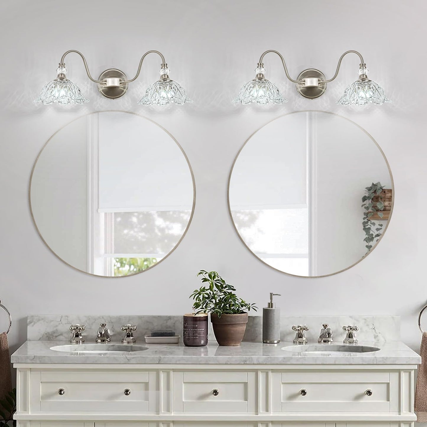 Sunkryster Brushed Nickel Bathroom Vanity Light  2-Light Vanity Light With Floral Clear Glass Shades  Nickel Wall Mount Lighting For Bathroom  Dressing Table