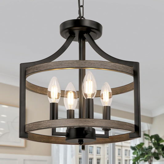 Wbindx 4-Light Farmhouse Chandelier  Rustic Metal Hanging Pendant Lighting  Convertible Semi Flush Mount Ceiling Light Fixture Faux Wood Black Chandeliers For Dining Room Kitchen Foyer Entryway