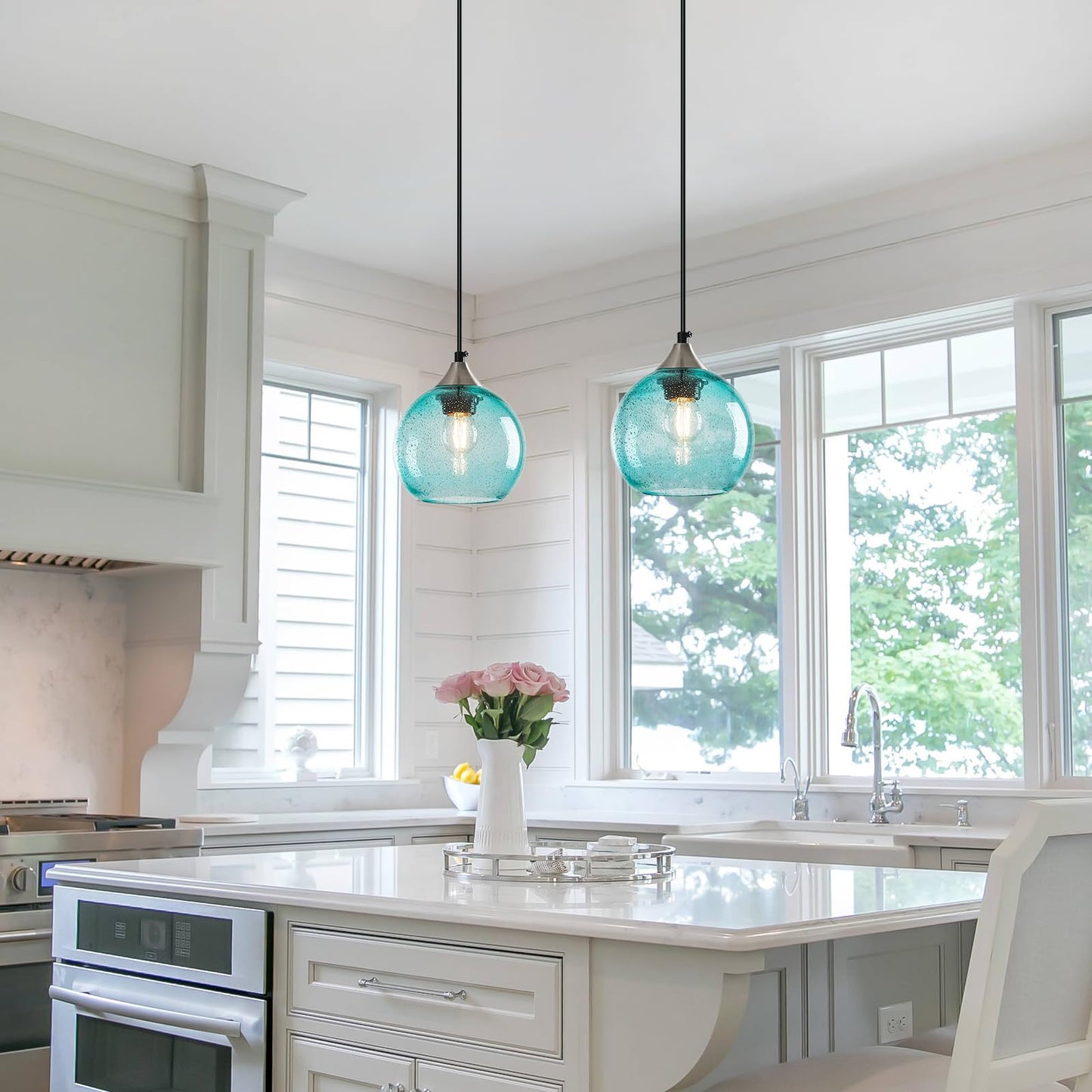 Lbsqj Light Blue Glass Pendant Lights Kitchen Island Globe Pendant Light Fixtures Modern Pendant Lighting For Bedroom Living Dining Room Light Fixture (5.9 In  2 Pack)