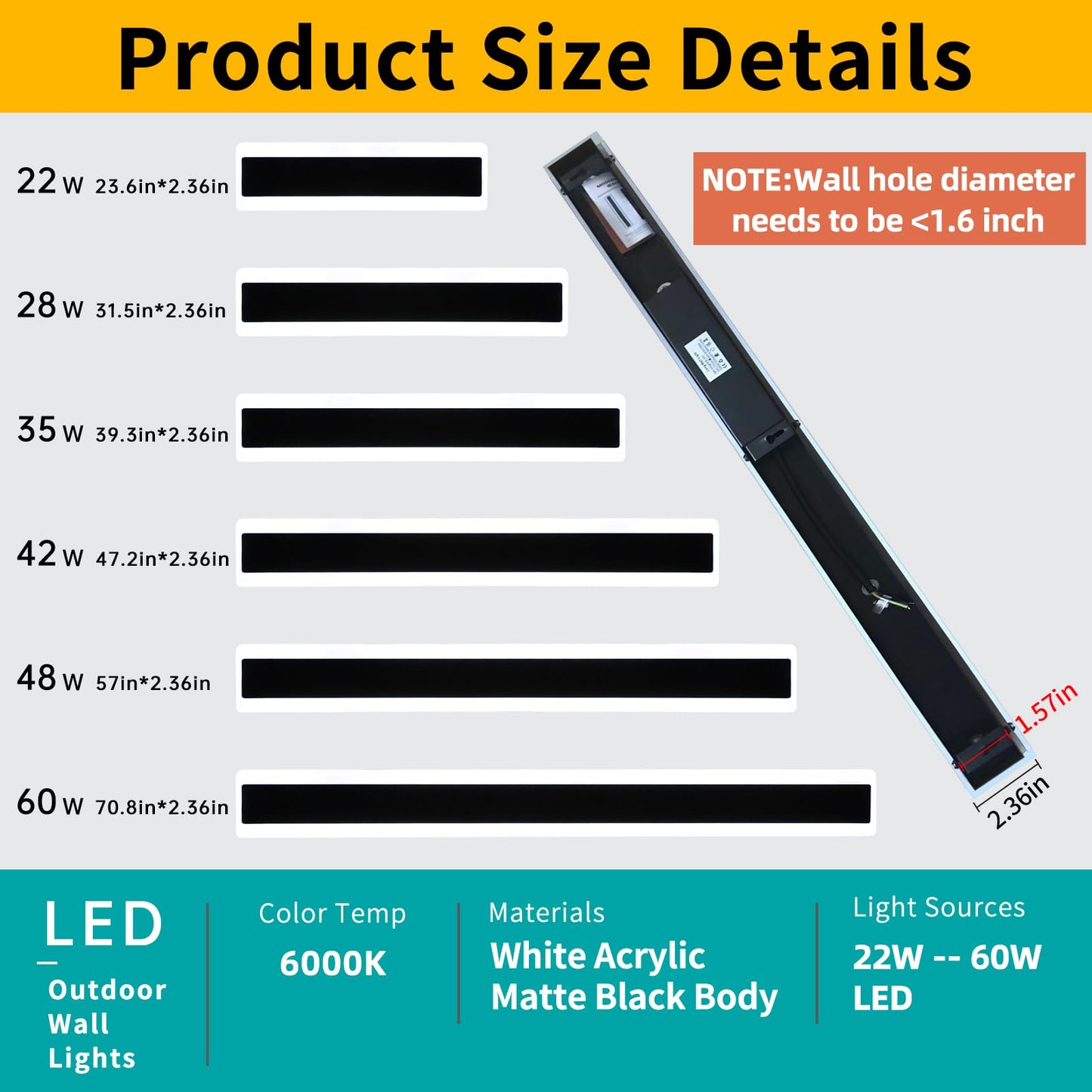 Mikeru 2Pack 47.2Inch Long Led Wall Light  6000K Cool White Modern Outdoor Wall Light Ip65 Waterproof Black Acrylic Porch Exterior Lighting Fixtures  Exterior Wall Mount Lights
