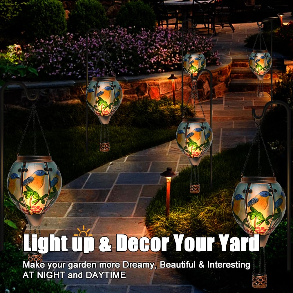 Hot Air Balloon Solar Lantern - Bluebird Glass Lantern  Simulated Flickering & Dancing Flame  Outdoor Hanging Yard Light Waterproof Ip65 For Patio Lawn Porch Decor Gift