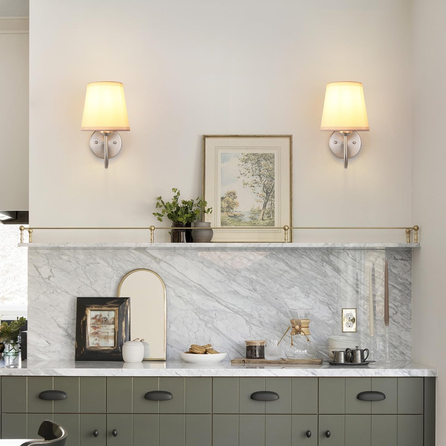 Smeike Wall Sconce Set Of 2  Brushed Nickel Bathroom Vanity Sconces Wall Lighting  Indoor Wall Lights With Light Beige Fabric Shades  Wall Mounted Lamps For Bedroom Living Room Hallway