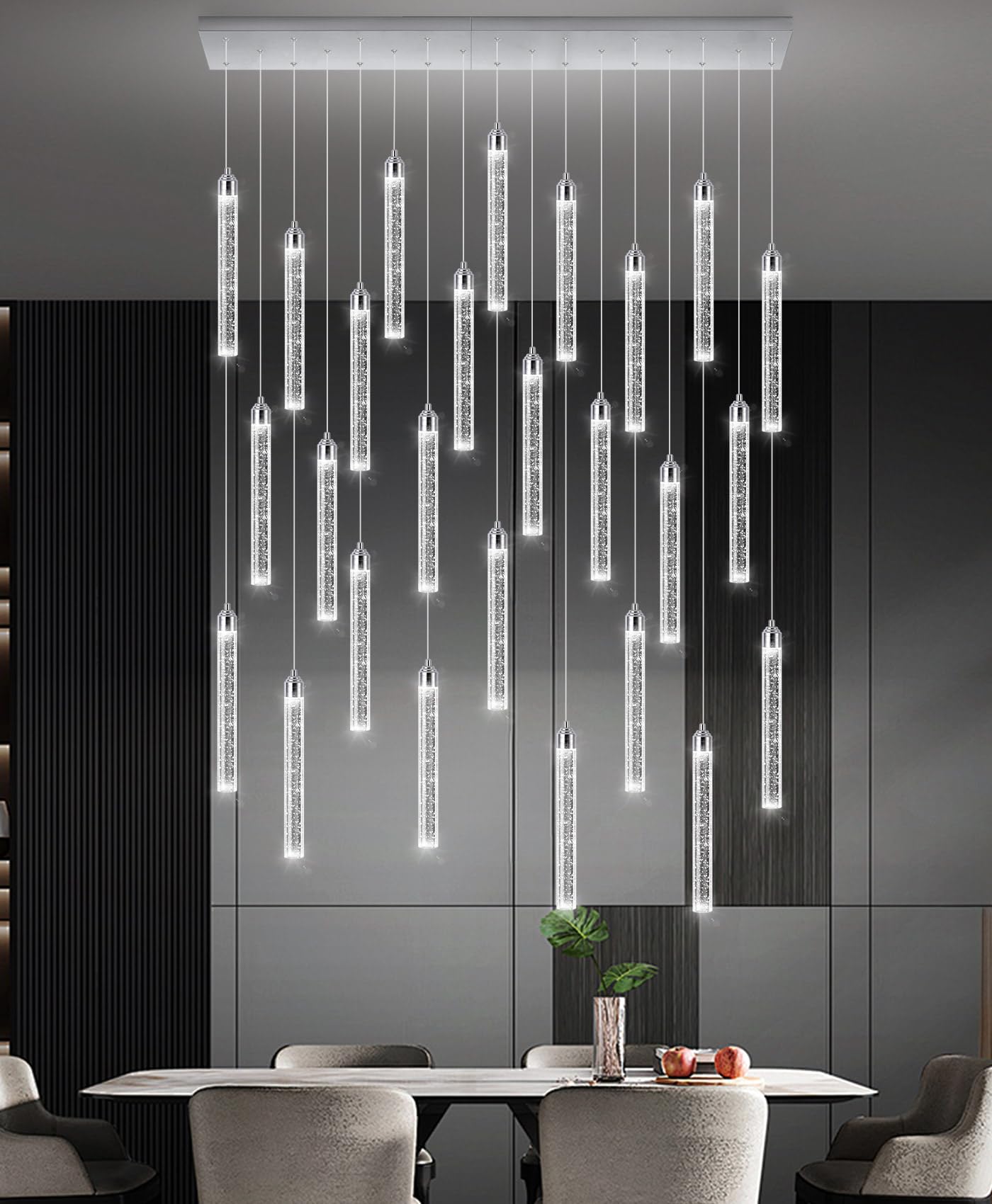 Rectangular Chandeliers 26-Lights Long Light For Entryway Led Dimmable Chandeliers Lighting Fixture Flat Sloped High Ceiling Pendant Lights Crystal For Living Room Foyer Hallway Staircase Silver