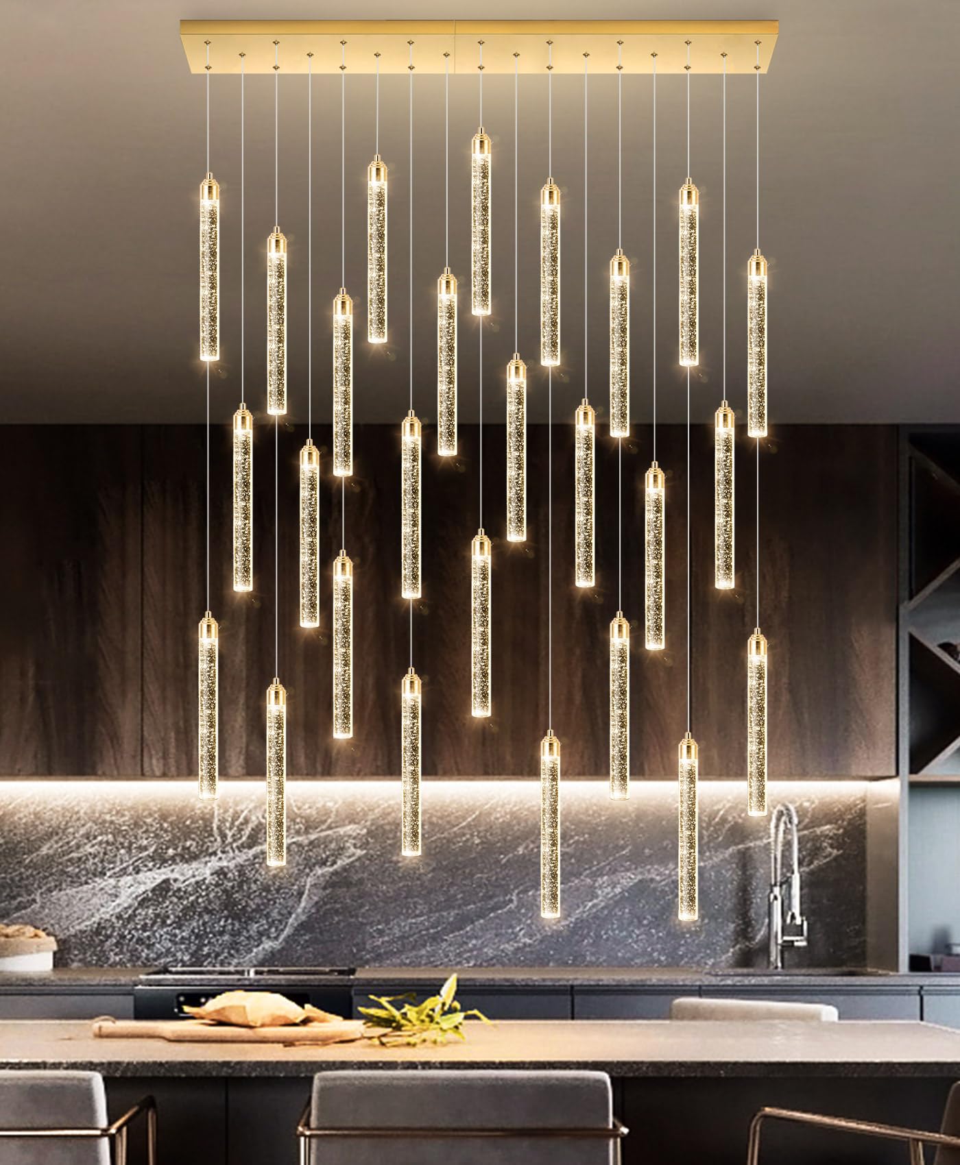 Rectangular Chandeliers 26-Lights Long Light For Entryway Led Dimmable Chandeliers Lighting Fixture Flat Sloped High Ceiling Pendant Lights Crystal For Living Room Foyer Hallway Staircase Gold