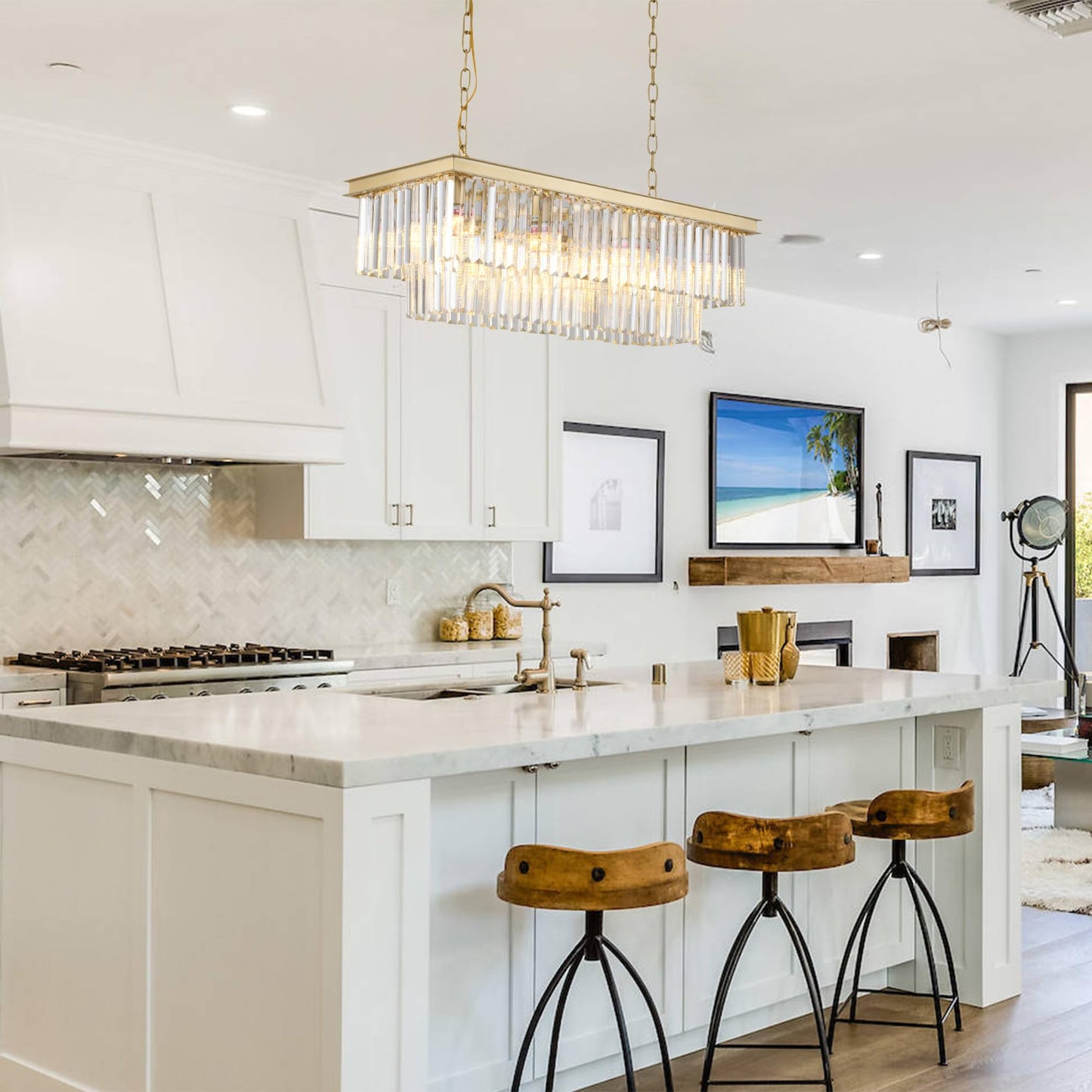Laiuetai Gold Rectangular Chandelier 31.5 Inch - 8-Light stylish Modern Crystal Pendant Height-Adjustable Lighting Fixture For Dining Room  Kitchen Island & Bar - enhanced K9 Crystals(Gold  L-31.5)